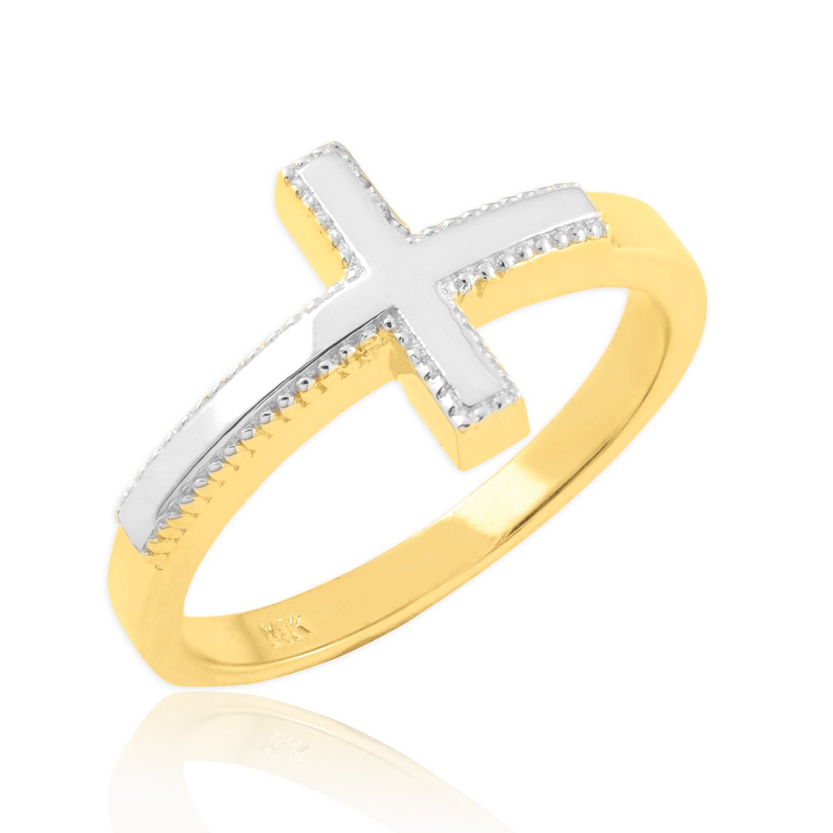 10K Two-Tone White & Yellow Gold Sideways Cross Ring for Women - Elegant Religious Jewelry Gift for Baptism, Confirmation & Everyday Wear