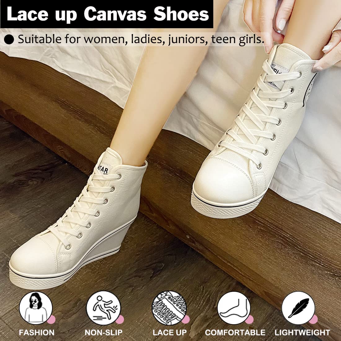 Mei MACLEOD Women's High Heel Wedge Canvas Sneakers - High Top Lace Up Casual Shoes for Teen Girls & College Students | Perfect for School, Work, and Everyday Fashion