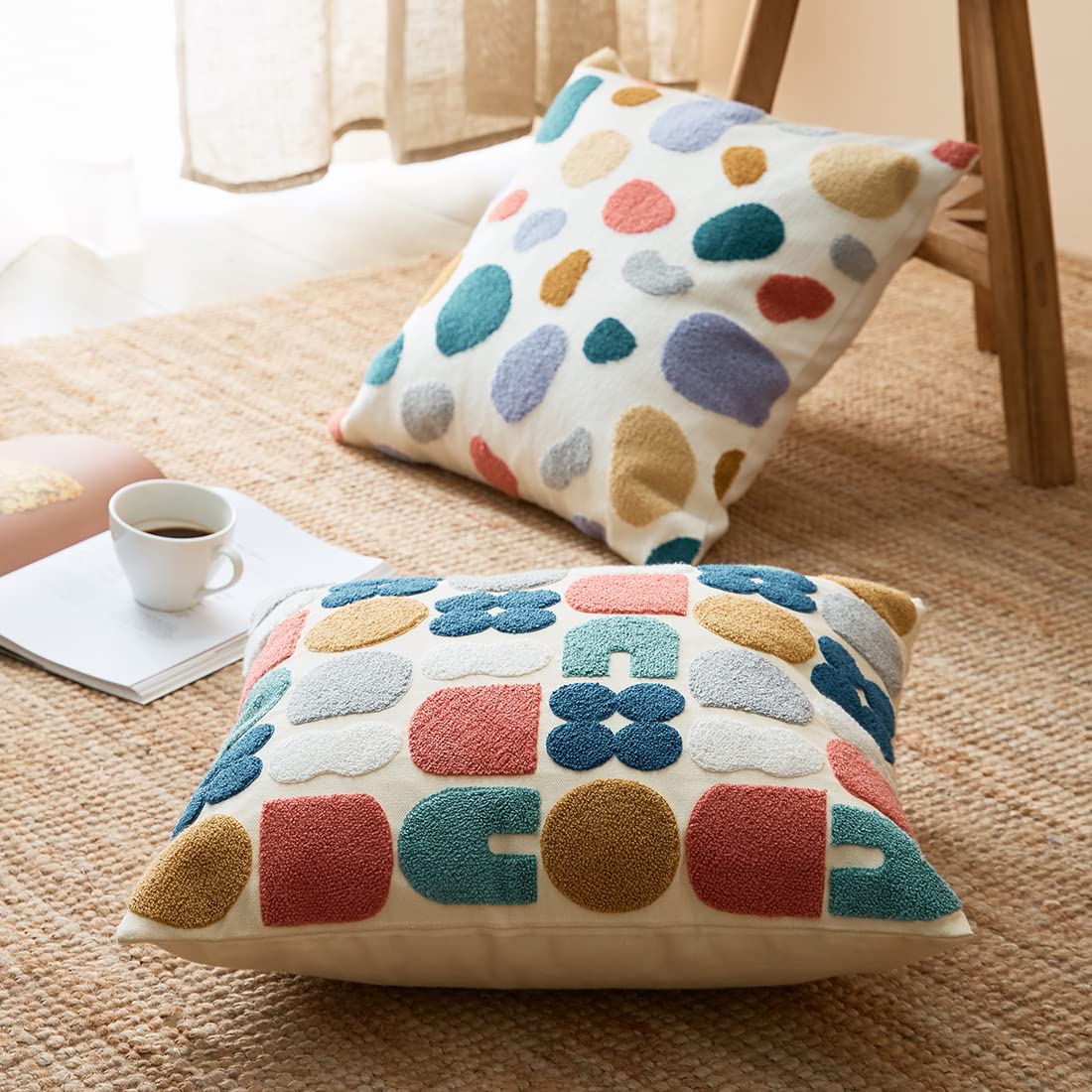 Boho Geometric Tufted Throw Pillow Cover 18x18 Inch - Farmhouse Cotton Embroidery Decorative Cushion Case for Sofa, Couch & Bed - Perfect for Living Room, Bedroom & Home Decor Accent