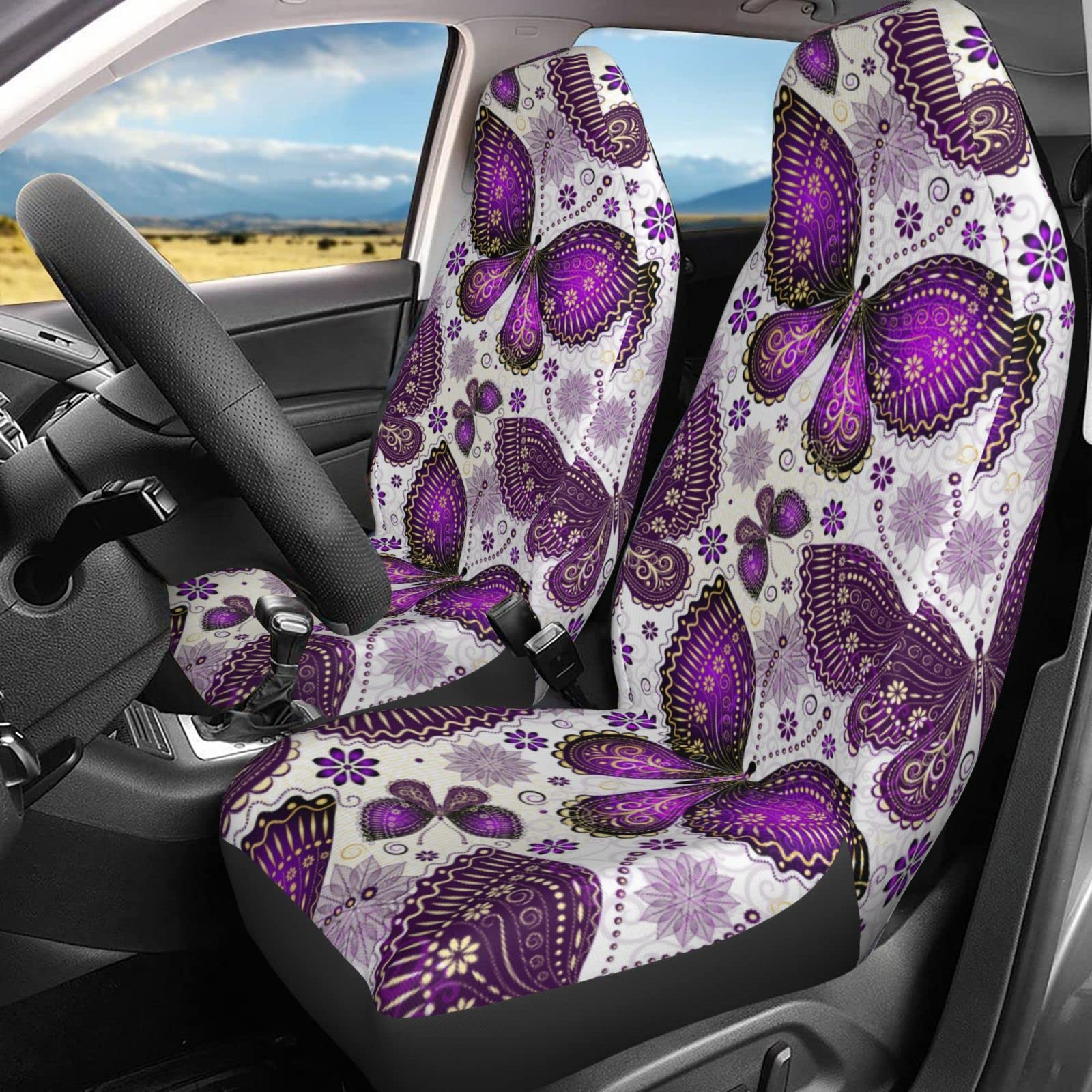 Premium Delerain 2-Piece Car Seat Covers with Butterfly Design - Universal Fit for Most Cars, SUVs, Sedans & Trucks - Interior Protection & Style Upgrade for Daily Commute, Road Trips & Family Travel
