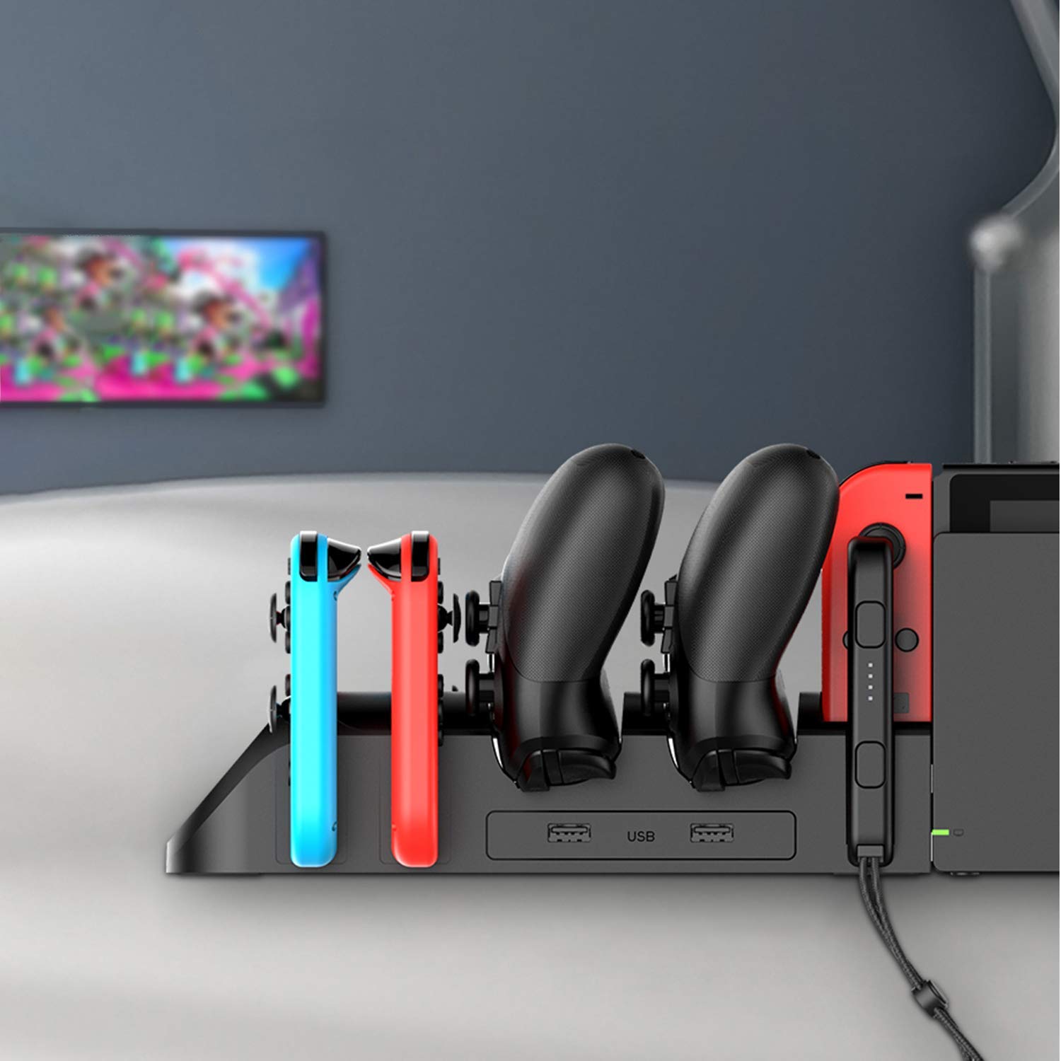 ECHZOVE Nintendo Switch Controller Charger - Fast Charging Dock for 4 Joy-Con & 2 Pro Controllers with USB 2.0 Ports | Includes 2 Joy-Con Wrist Straps | Perfect for Multiplayer Gaming Sessions & Family Game Nights (Not Compatible with PowerA Pro Controllers)