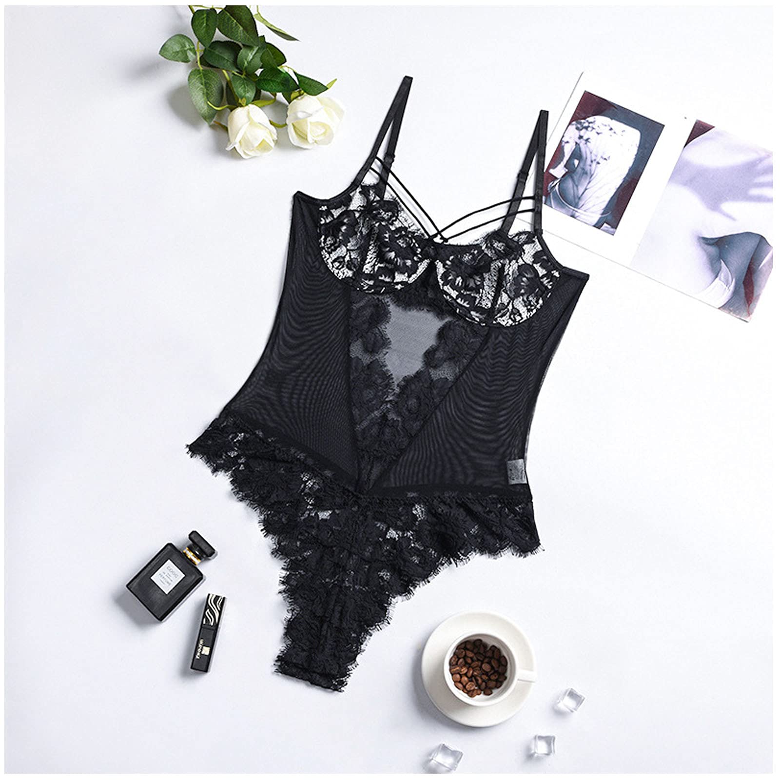 Sexy Lace Bodysuit for Women - Snap Crotch Lingerie Teddy with Ruffles | One Piece Jumpsuit for Date Night, Boudoir & Romantic Occasions