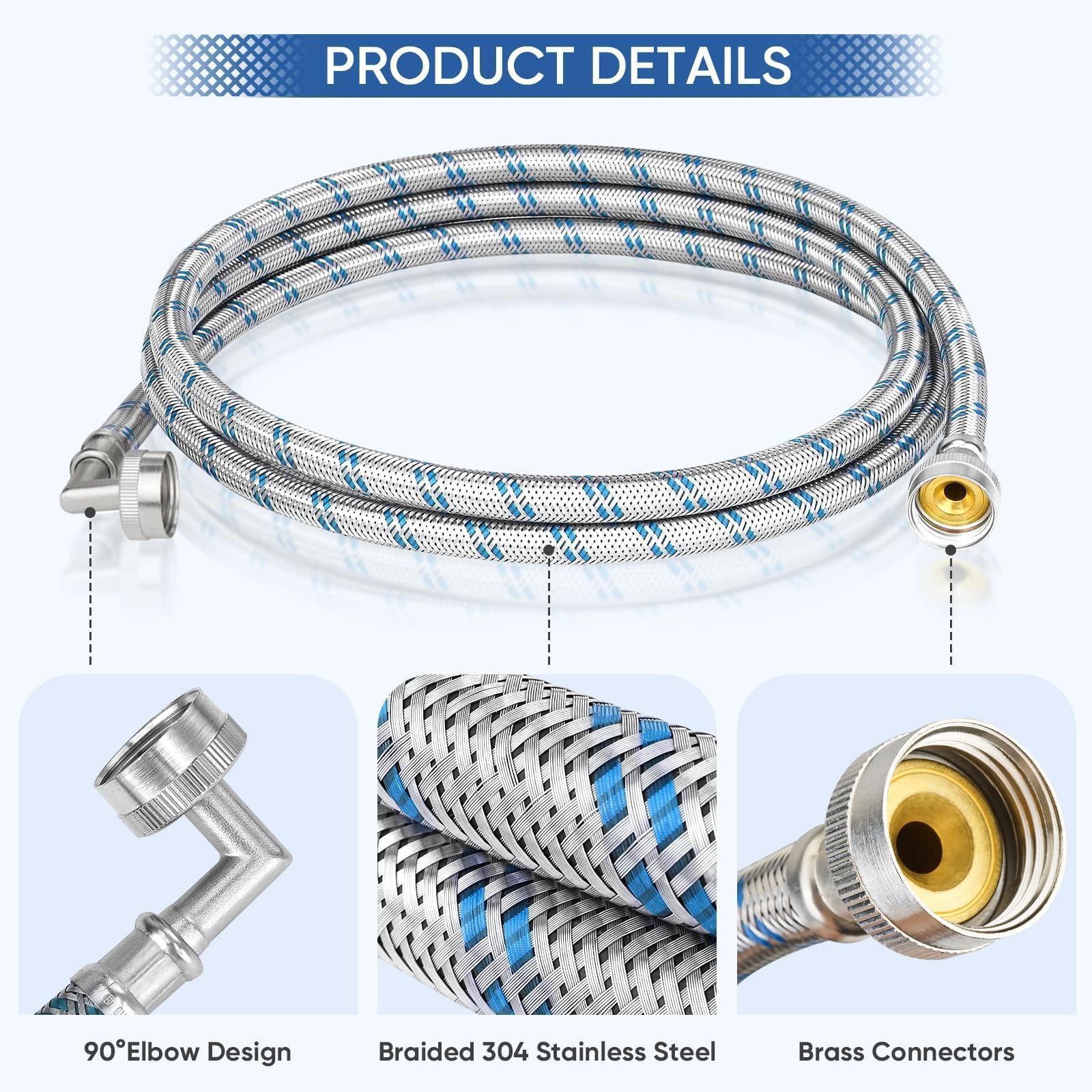 TICONN 8FT Washing Machine Hoses Set - 2 Pack Burst-Proof Stainless Steel Braided Washer Hoses with EPDM Core & 90 Degree Elbow, 3/4