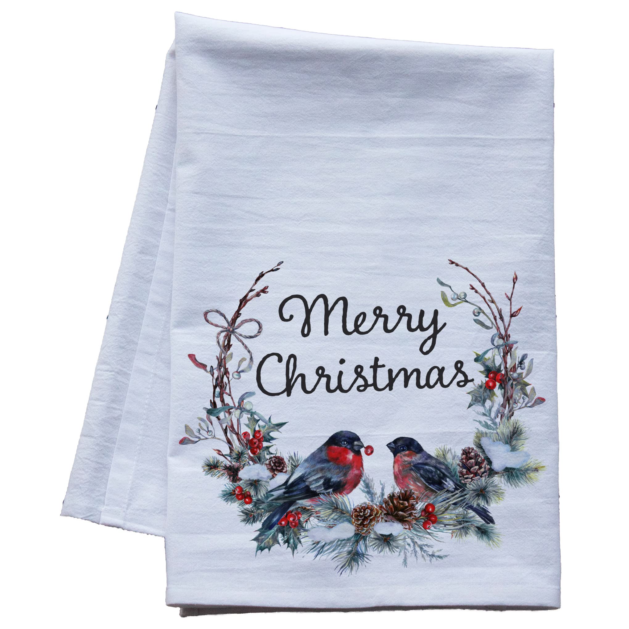 Christmas Flour Sack Dish Towels - Holiday Tea Towels for Xmas Kitchen Decor (Merry Christmas Bullfinch Wreath) | Absorbent Cotton Kitchen Towels for Baking, Cooking & Holiday Decorations