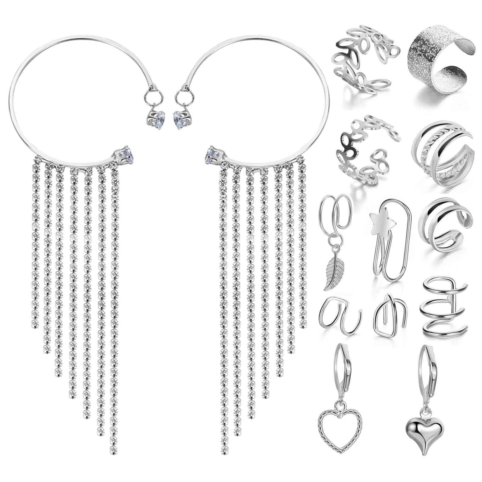 IFKM 14 Pcs/Set Gold & Silver Rhinestone Ear Cuff Set for Women - No Piercing Clip On Heart Hoop Earrings, Simple Elegant Jewelry Gift for Party, Wedding & Daily Wear (Silver)