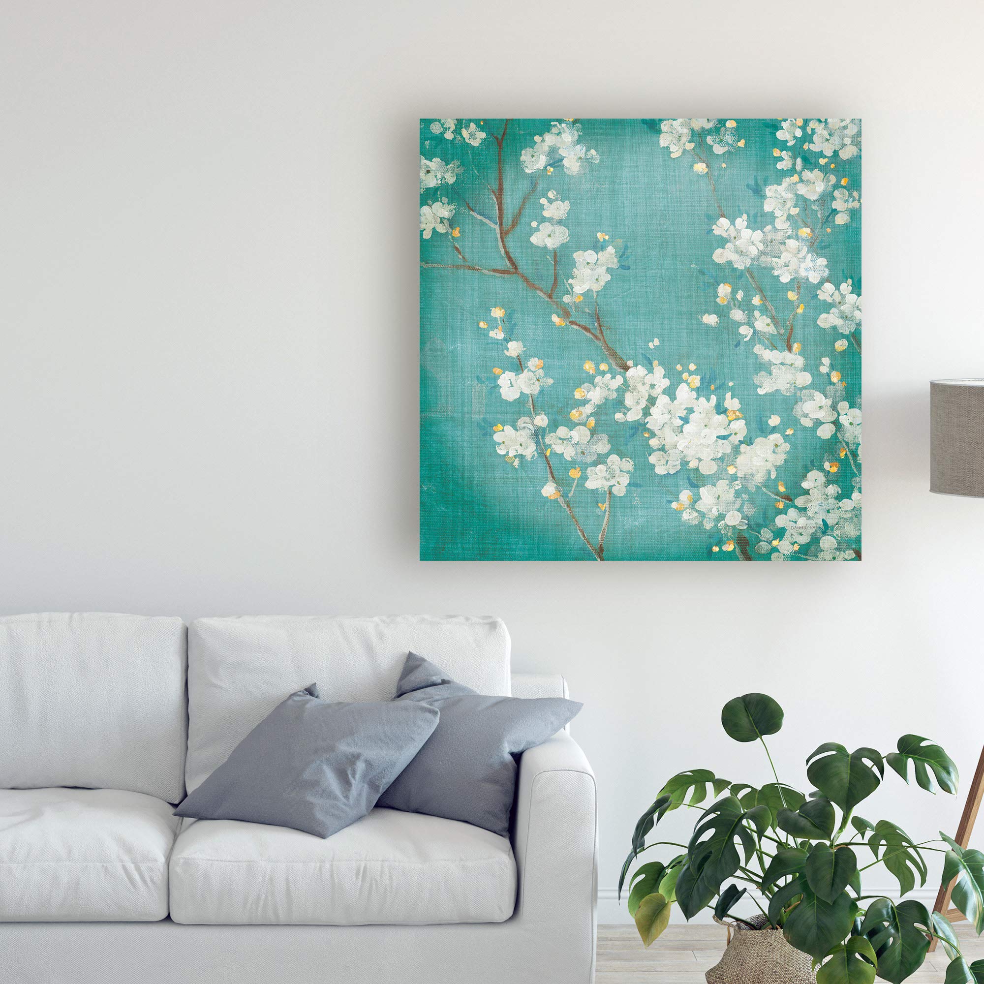 Danhui NAI White Cherry Blossoms II on Blue Aged Canvas Art Print - 35x35 Inch Modern Floral Wall Decor for Living Room, Bedroom & Office | Trademark Fine Art Collection
