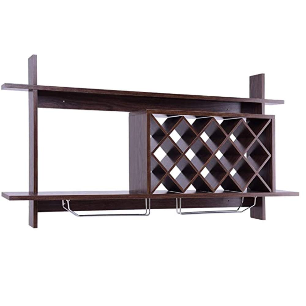 Modern Diamond-Shaped Wood Wall Mounted Wine Rack Organizer - Holds 10 Bottles with Metal Glass Holder & Multifunctional Storage Shelf - Perfect for Kitchen, Dining Room, Bar, and Home Decor