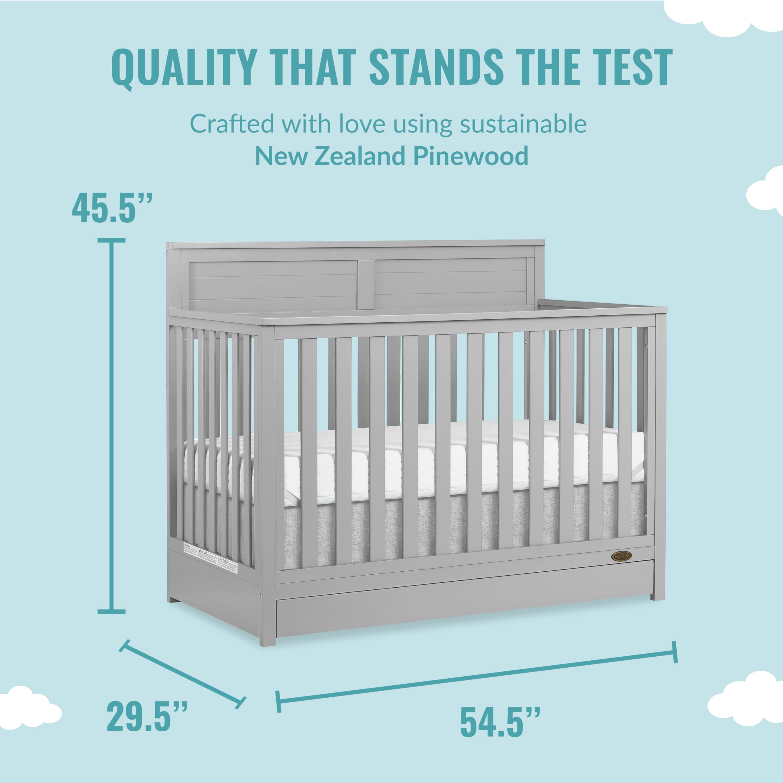 Evolur Dream On Me Reign 5-in-1 Convertible Crib with Storage Drawer | Pebble Grey Nursery Furniture | JPMA & Greenguard Gold Certified | Sustainable Pinewood Construction | Non-Toxic Water-Based Paint | Safe Baby Crib for Nursery, Bedroom & Daycare