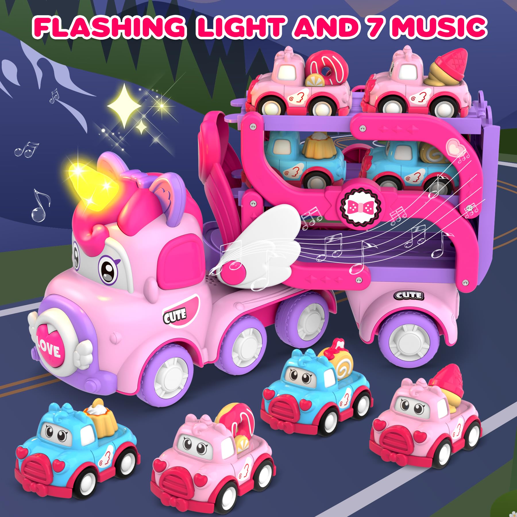 Pourbibi Auto Toy for Girls Ages 2-5 Years - Light & Music Truck Toy with Unicorn Design | Perfect Birthday & Christmas Gift for Toddlers | Pretend Play, Learning & Fun Transportation Toys for Kids