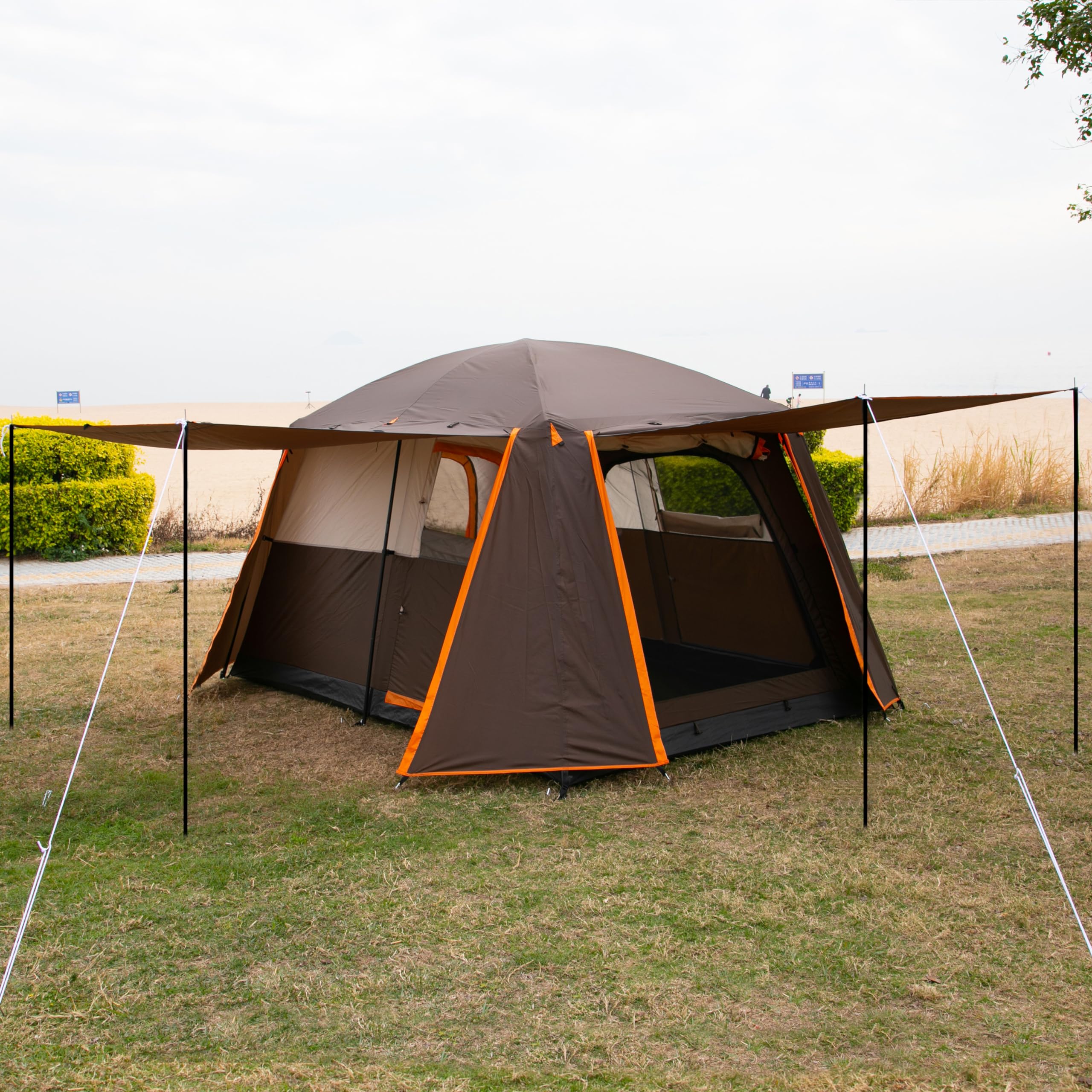 KTT 6-10 Person Large Family Cabin Tent - Waterproof Straight Wall Camping Tent with 3 Doors & 3 Mesh Windows - Spacious Outdoor Tent for Picnics, Camping Trips, Family Gatherings & Backyard Parties