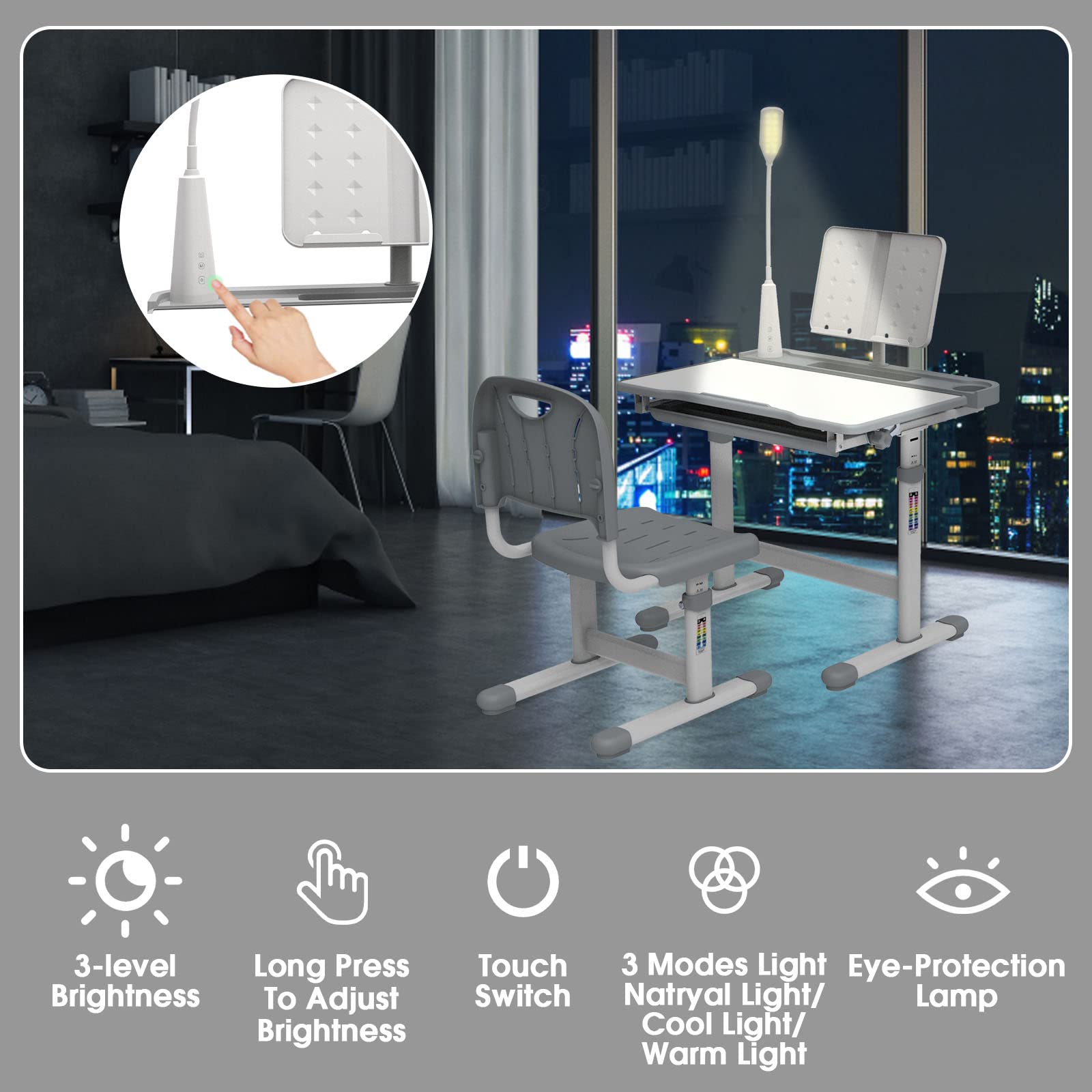 BELANITAS Adjustable Kids Desk and Chair Set with 40° Tiltable Tabletop & LED Light - Ergonomic Study Desk for Children Ages 3-12 - Perfect for Homework, Drawing & Online Learning (Grey)