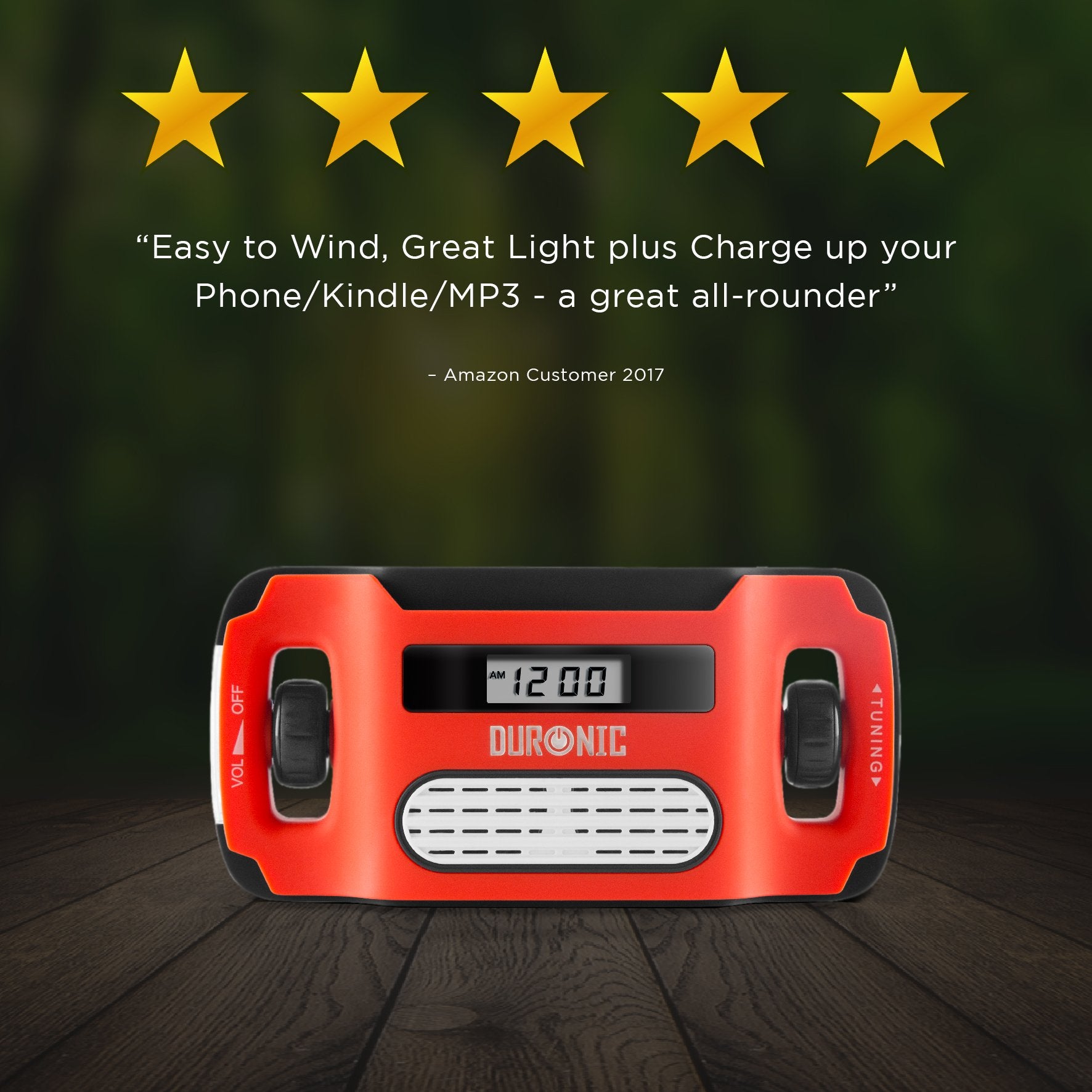 Duronic Solar Powered Hand Crank Flashlight & AM/FM Radio - Rechargeable Emergency Radio with LED Torch, 3 Charging Modes (Solar/Crank/USB), Adjustable Antenna | Perfect for Camping, Hiking & Power Outages