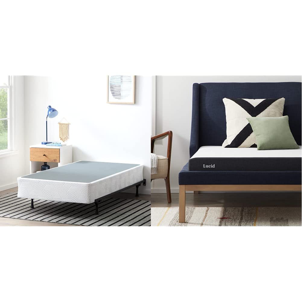 5 Inch Memory Foam Bamboo Charcoal Mattress & 9 Inch Steel Foldable Twin XL Box Spring Set with Center Support Bolts - Cooling Bed Foundation for Guest Rooms, Dorms & Small Spaces