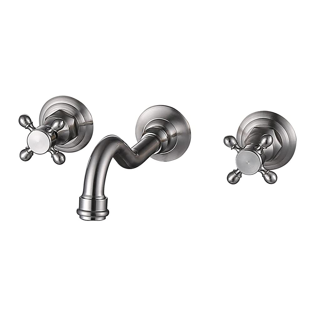 XXZY Brushed Nickel Wall Mounted Bathroom Sink Faucet - Double Handle Brass Basin Mixer Tap with 360° Rotation Spout for Hot & Cold Water | Perfect for Modern Bathroom Vanity, Powder Room & Guest Bath Installation
