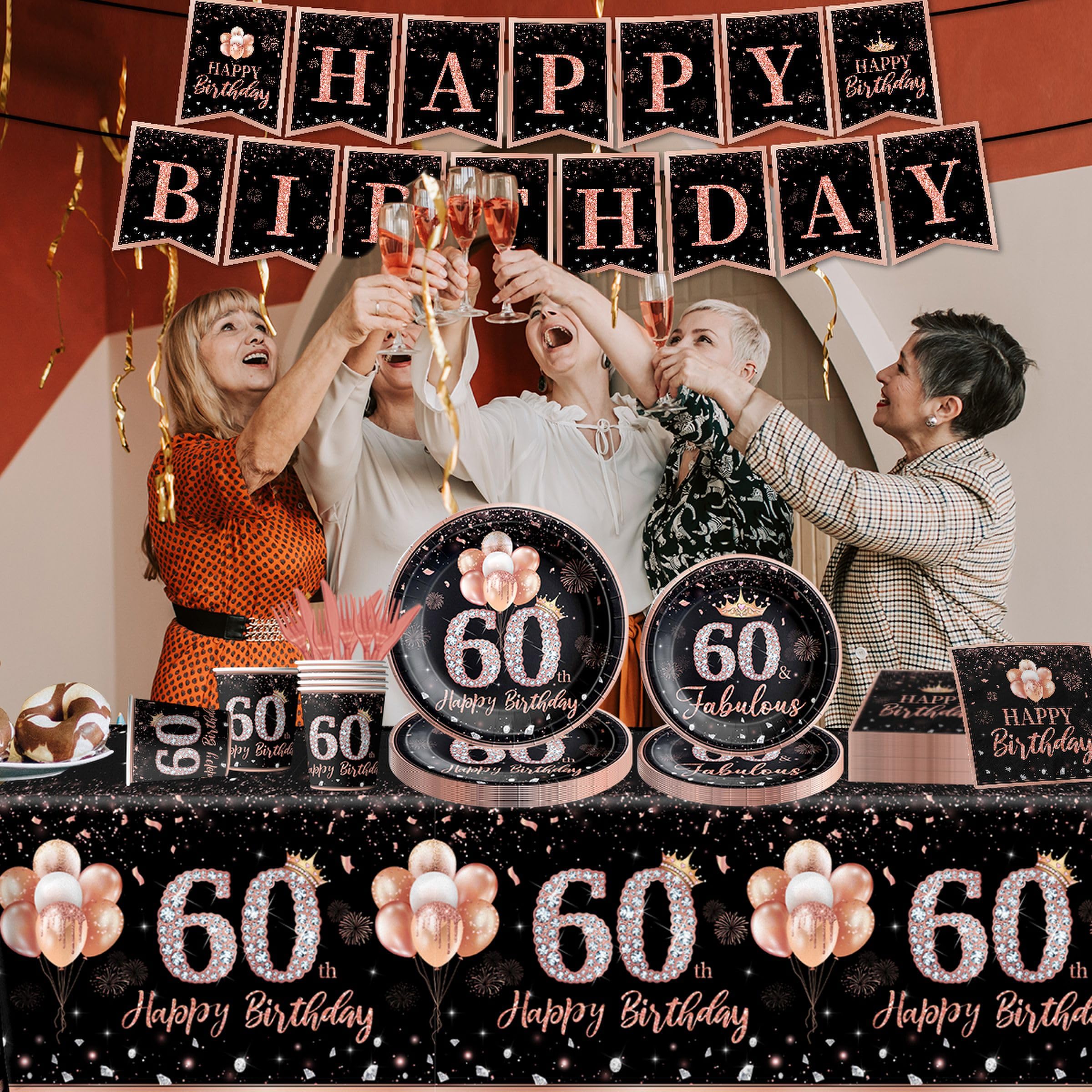 142Pcs Rose Gold 60th Birthday Party Tableware Set - Disposable Tablecloth, Plates, Napkins, Cups, Forks & Knives for Women's 60 Years Old Celebration - Perfect for Themed Decorations, Retirement Parties & Milestone Birthday Events