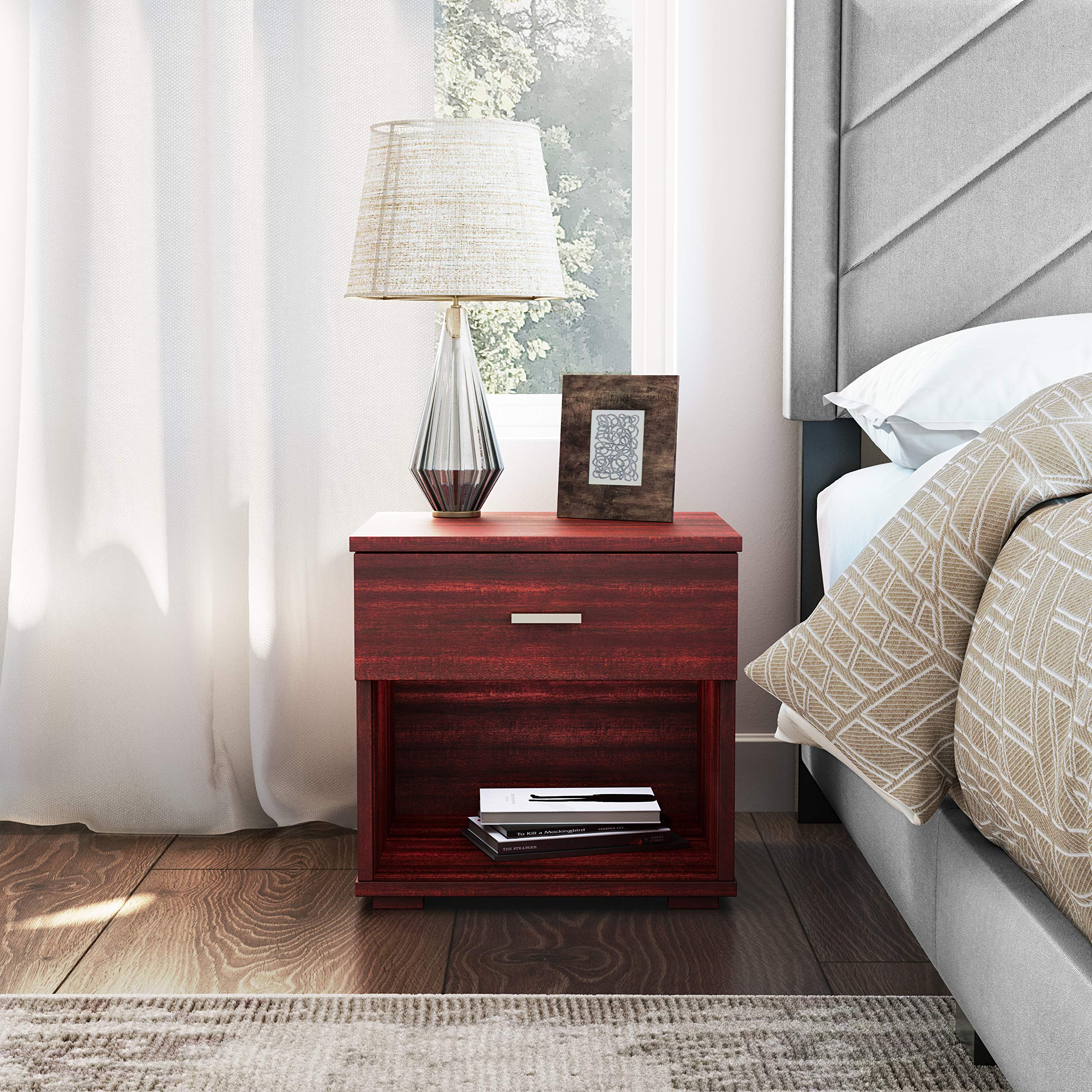 Boyd Sleep Novara Nightstand - Modern Cherry Wood Bedside Table with Deep Drawers & Euro Glides | Perfect for Bedroom Storage & Contemporary Home Decor