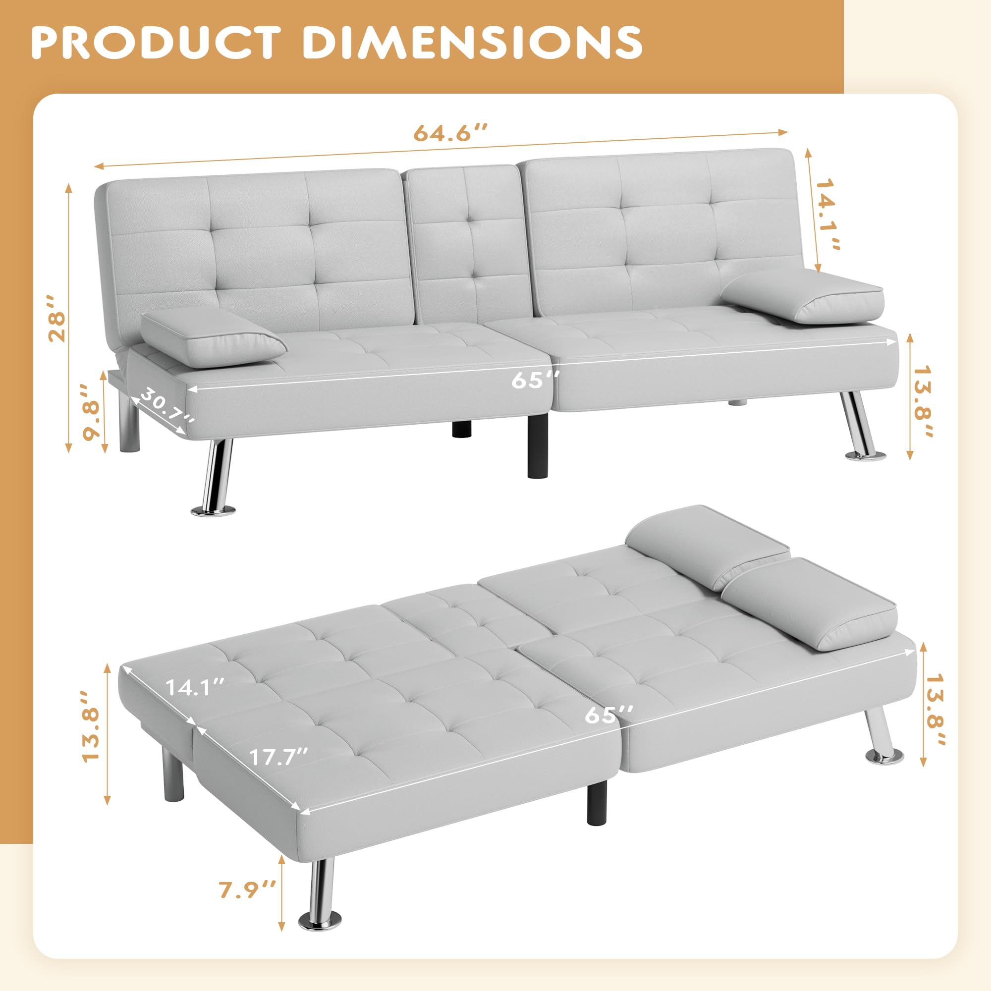 JUMMICO Adjustable Faux Leather Futon Sofa Bed - Convertible Sleeper Couch with Removable Armrests & 2 Cup Holders - White PU Leather for Living Room, Small Space & Guest Room