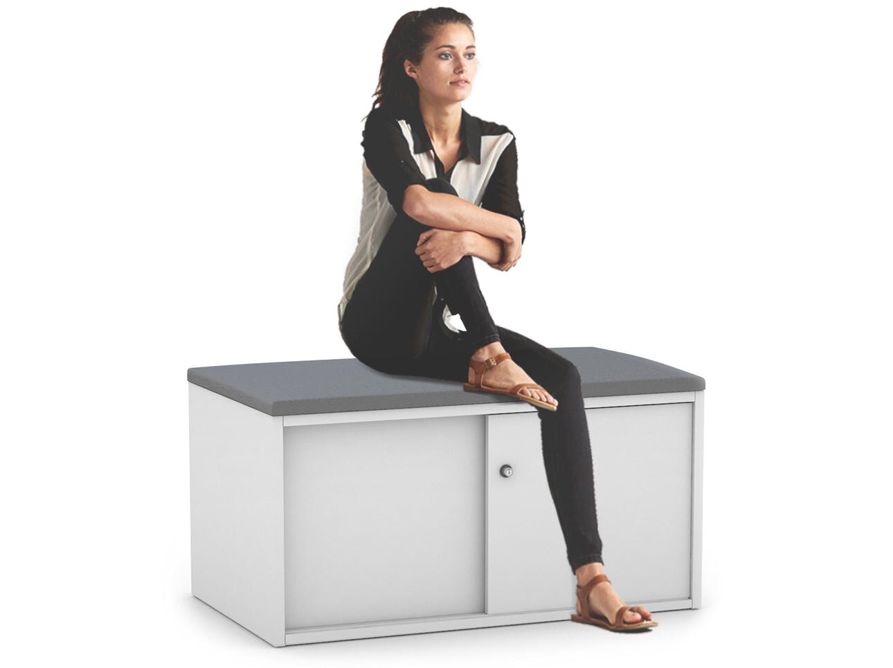 Low Profile 2-Door Sliding Credenza with Top Cushion - Modern TV Stand for Living Room, Bedroom Storage Cabinet with Smooth Gliding Doors