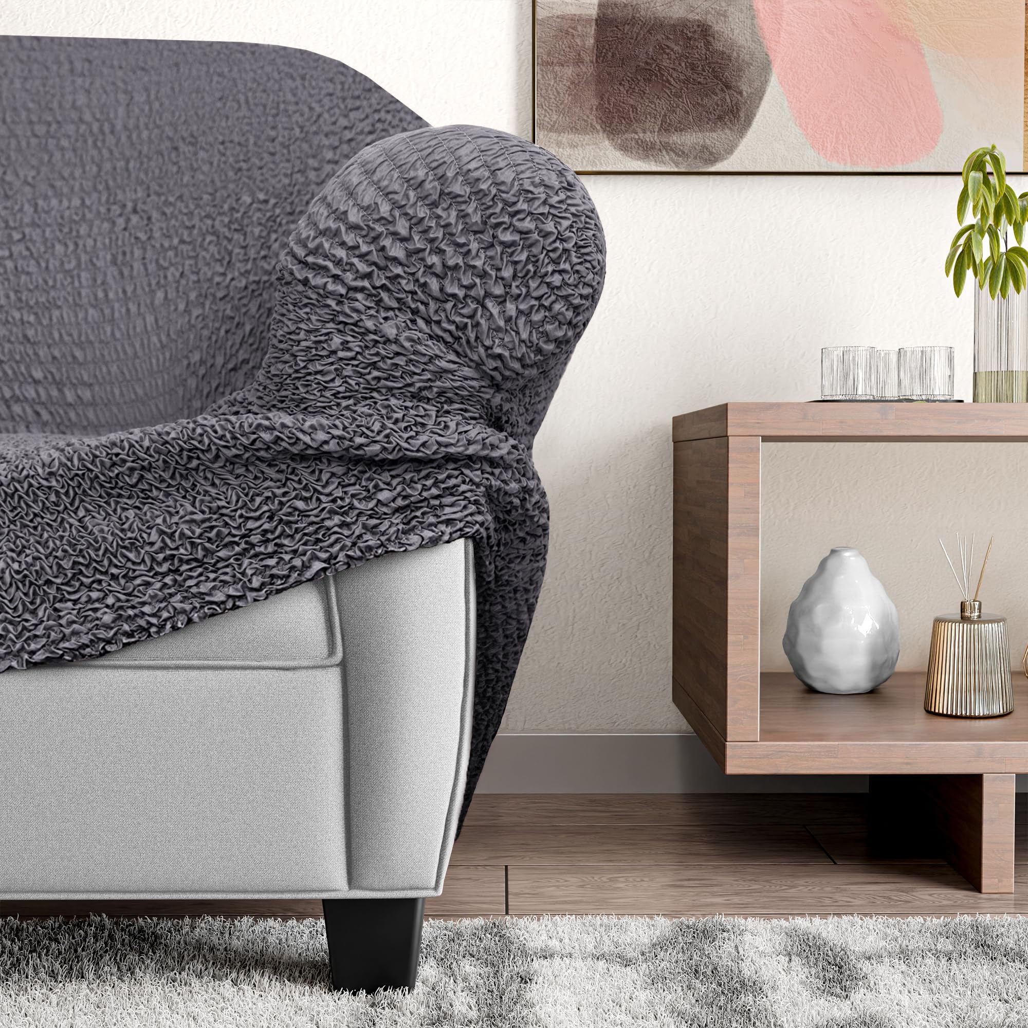 PAULATO BY GA.I.CO. Stretch Sofa Slipcover - 1-Piece Form-Fitting Couch Cover with Soft Microfiber Fabric, Washable Pet-Friendly Furniture Protector in Dark Grey - Perfect for Living Room, Family Room & Pet Owners