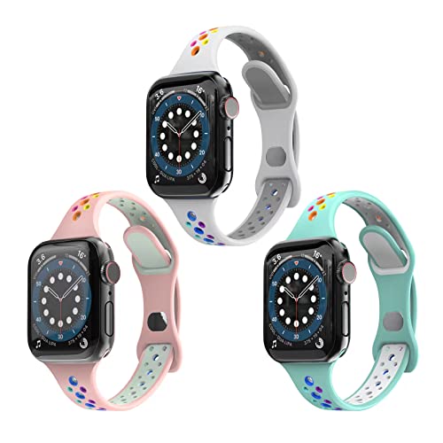 3 Pack Soft Silicone Breathable Sports Bands - Colorful Rainbow Pride Watch Straps Compatible with Apple Watch 38mm 41mm 40mm 42mm 44mm 45mm - Replacement Wristband for iWatch Series 7/6/5/4/3/2/1/SE - Perfect for Women, Girls - Ideal for Running, Gym Workouts & Daily Wear