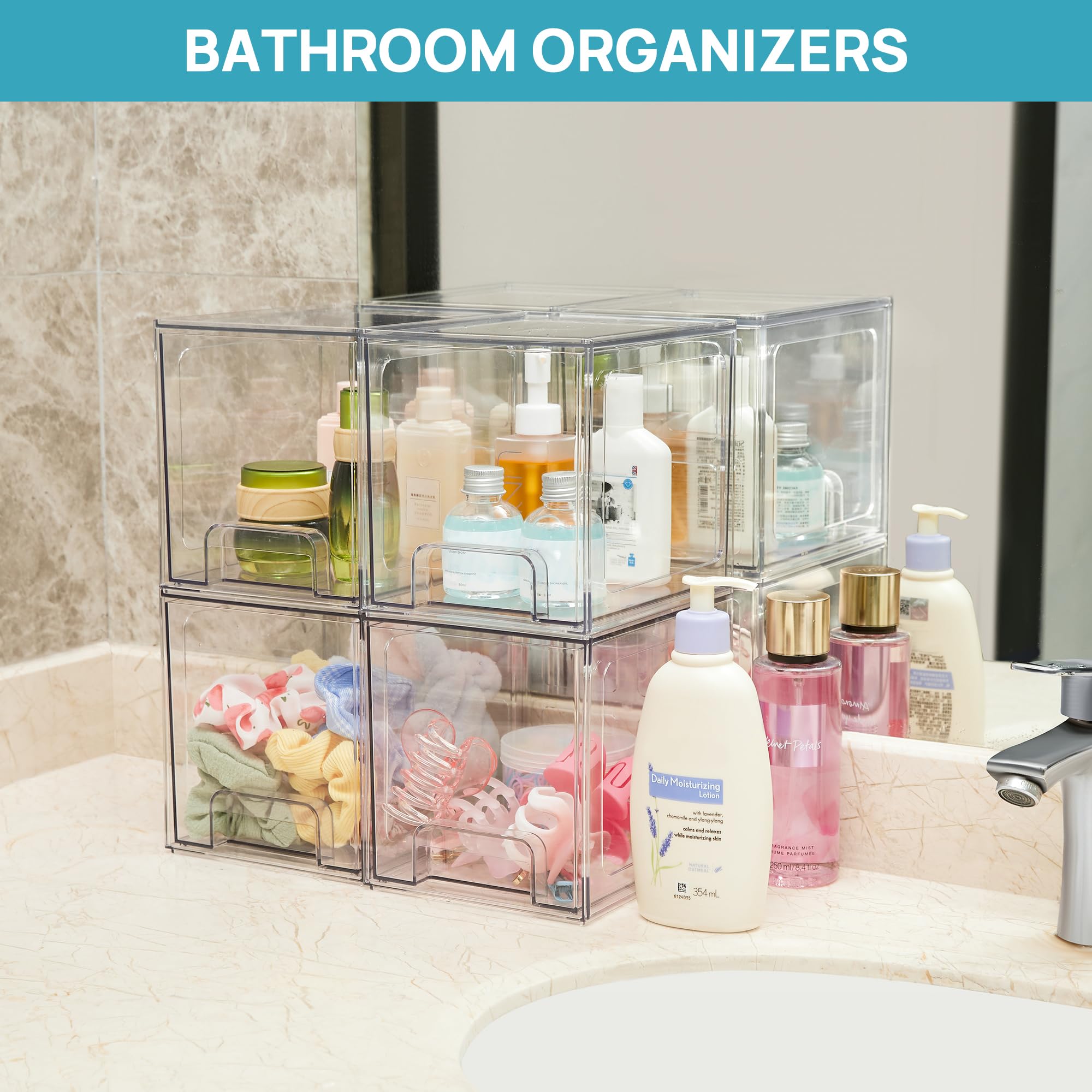 Vtopmart 2-Pack Clear Acrylic Stackable Drawers - Bathroom & Kitchen Storage Organizer for Vanity, Undersink