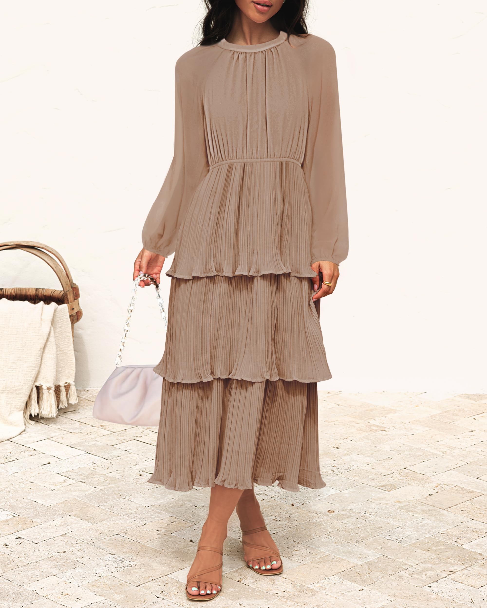 ZESICA Women's 2025 Long Sleeve Chiffon Dress with Ruffle & Tiered Layers - Elegant Crew Neck Swing Midi Dress for Casual Wear, Office, Party & Special Occasions