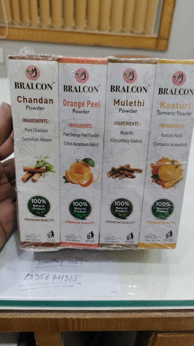 BRALCON Kasturi Haldi, Chandan, Orange, Mulethi Powder Combo - 400g (100g x 4 Pack) | Organic Kasturi Turmeric Powder, Sandalwood Powder, Orange Peel Powder, Licorice Root Powder for Face Mask, Skin Care & Hair Treatment - Perfect for DIY Beauty Remedies & Ayurvedic Home Spa