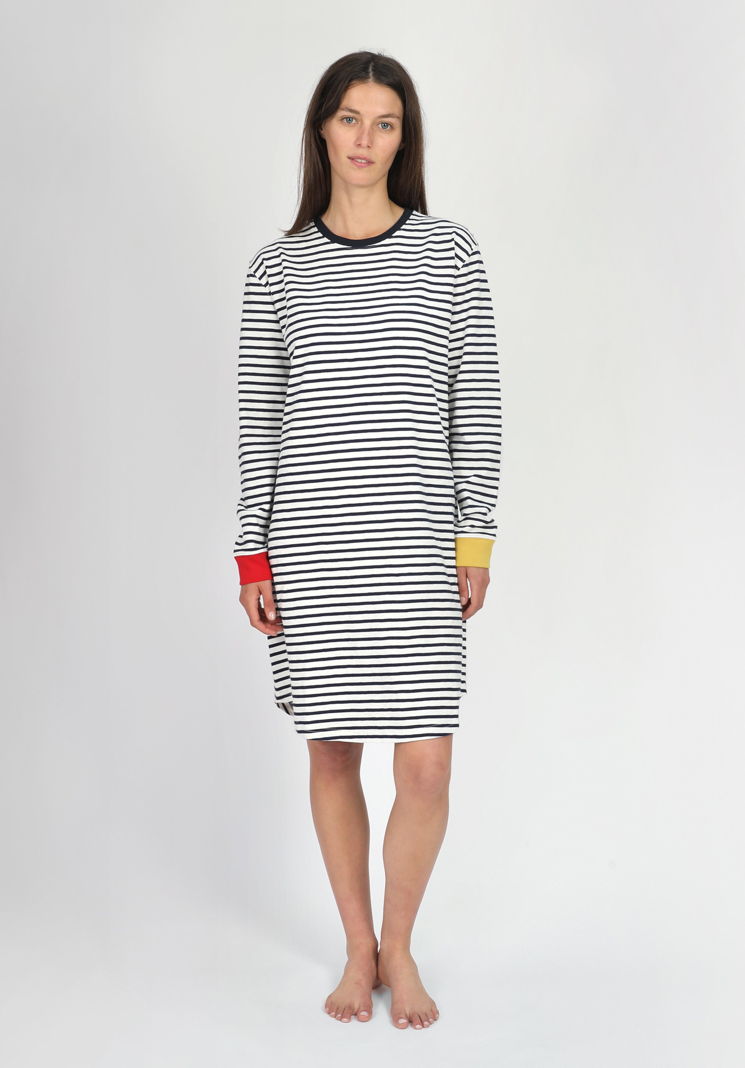 Twyla T-Shirt Dress - White & Navy Striped Jersey Colorblock Women's Casual Dress | Perfect for Summer Outfits, Beach Cover Ups & Everyday Wear