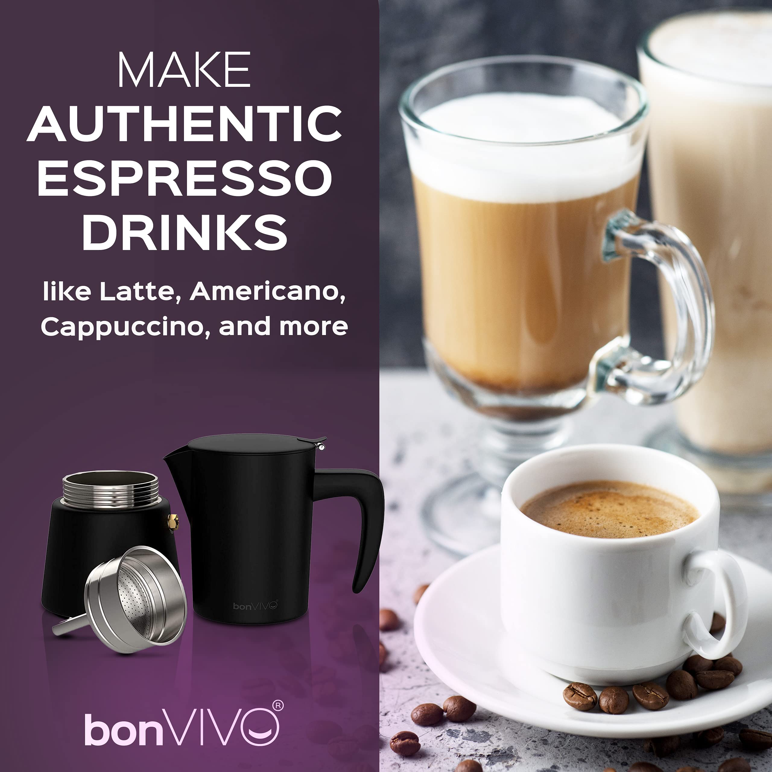 bonVIVO Intenca Stovetop Espresso Maker - Premium Stainless Steel Italian Moka Pot for Rich Coffee - 6 Cup Capacity (10oz) - Perfect for Camping, Home & Office Use - Durable Copper Finish