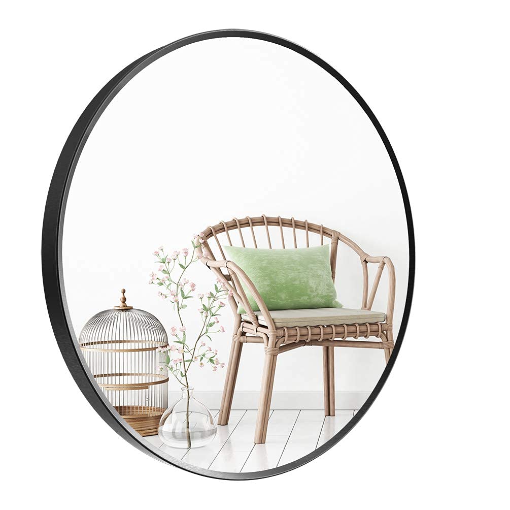 Deby 20 Inch Round Wall Mounted Mirror - Brushed Metal Frame, Black Modern Circle Mirror for Bathroom, Entryway & Dining Room Decor | Perfect for Vanity, Hallway & Home Decoration