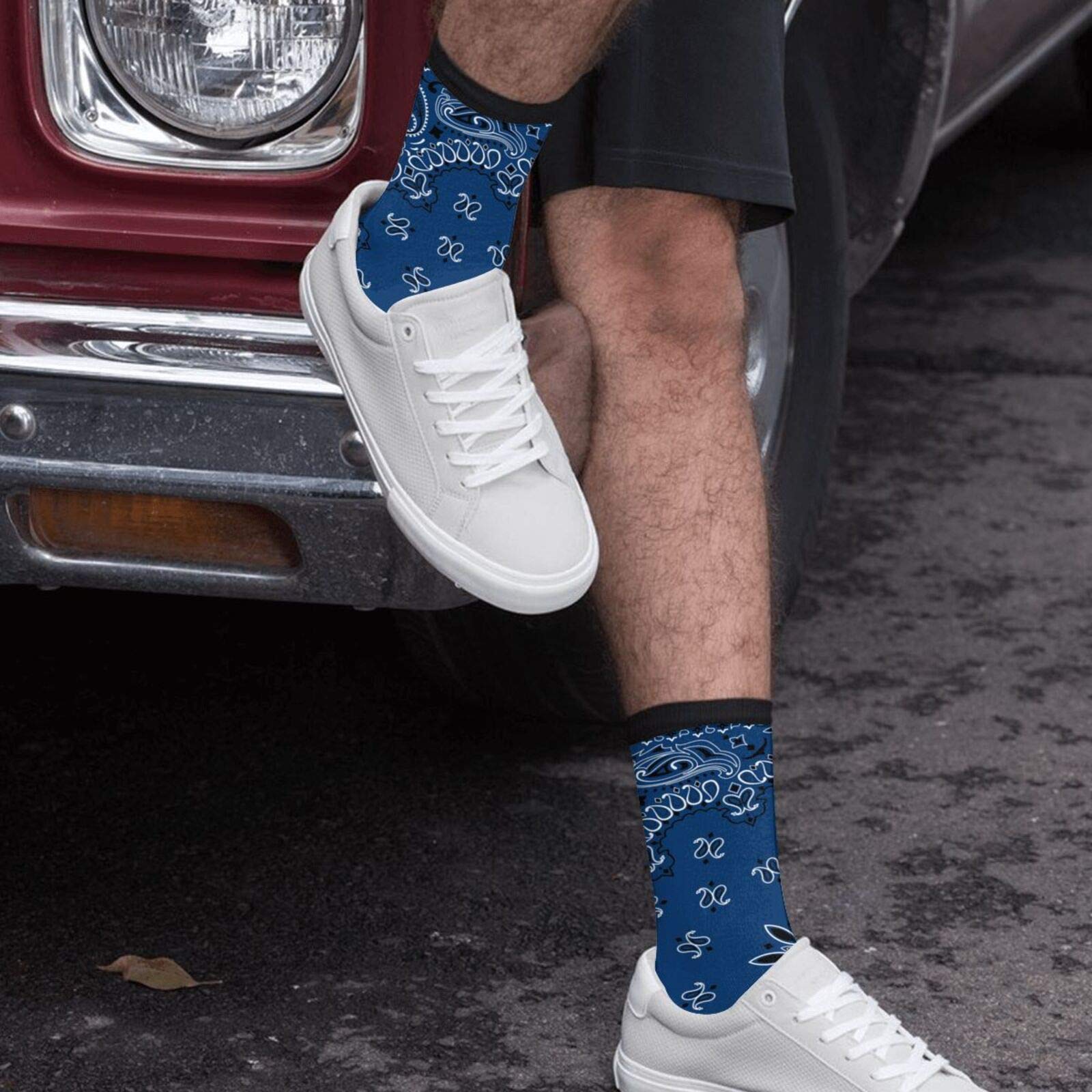 Black Border Blue Paisley Crew Socks - Mid Calf Dress Socks for Men & Women - Comfortable Casual Long Tube Socks for Boys & Girls - Perfect for Office, School & Everyday Wear