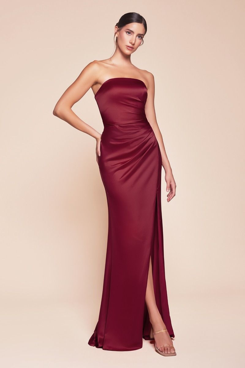 Nicolette Burgundy Strapless Luxe Satin Gown with Sash - Elegant Evening Dress for Prom, Wedding & Special Occasions