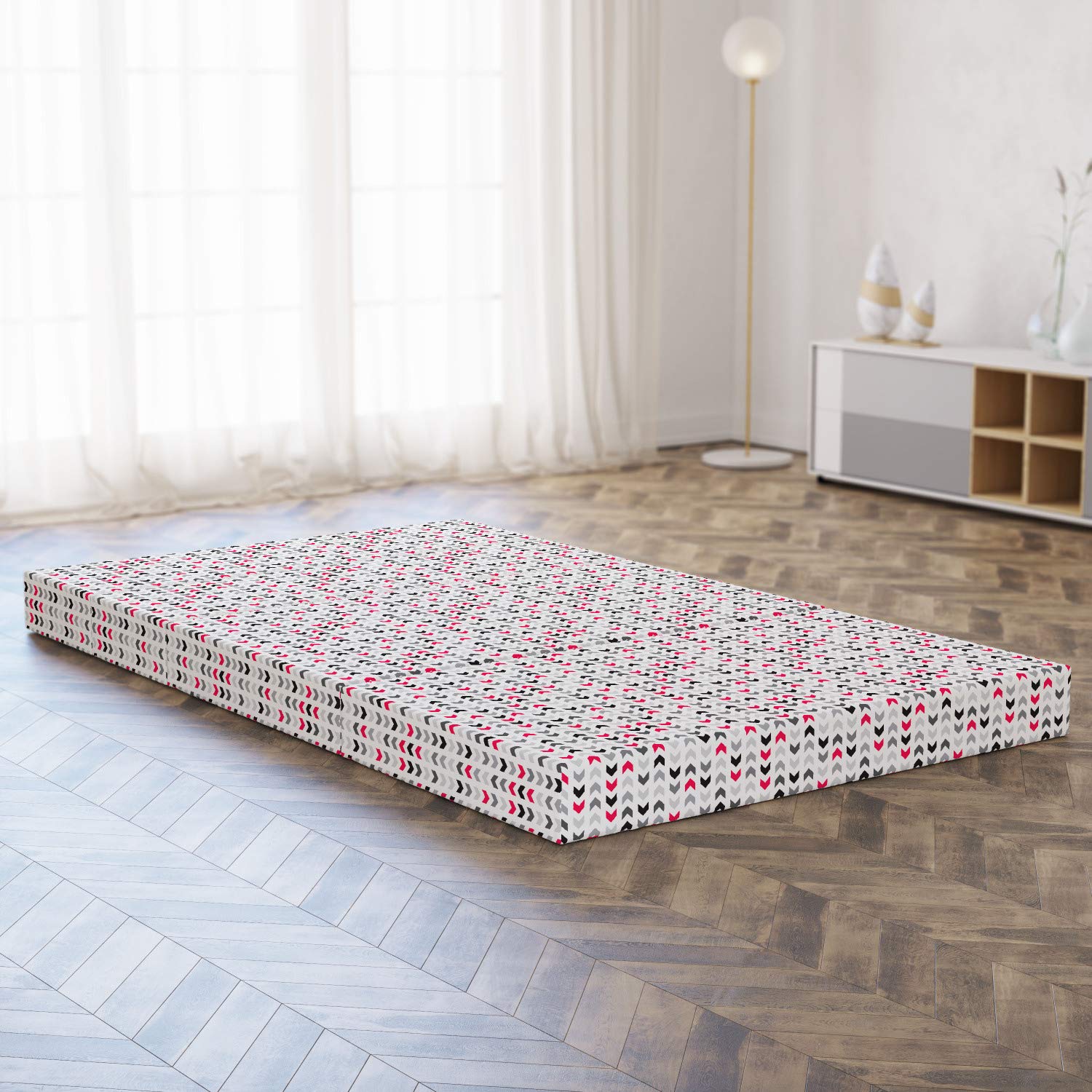 Ambesonne Geometric Foldable Mattress - Red Zig Zag Chevron Pattern, 78.7