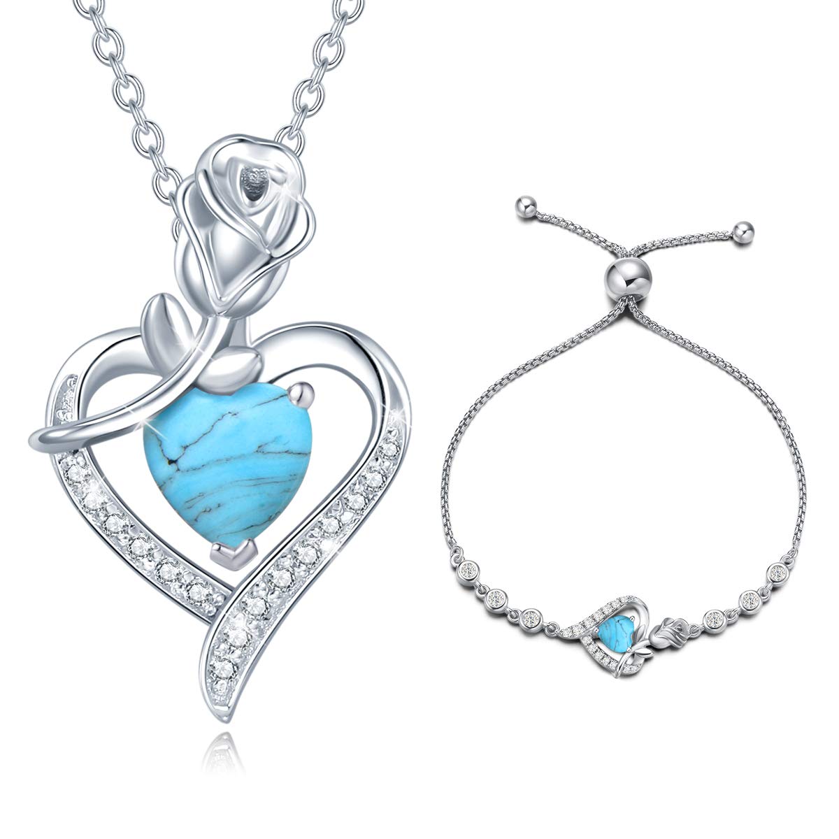 **AGVANA December Birthstone Turquoise Necklace & Bracelet Set for Women - Sterling Silver CZ Rose Flower Heart Pendant - Perfect Mothers Day Gifts, Anniversary & Birthday Presents for Her - Ideal for Casual Wear, Date Nights & Special Occasions**
