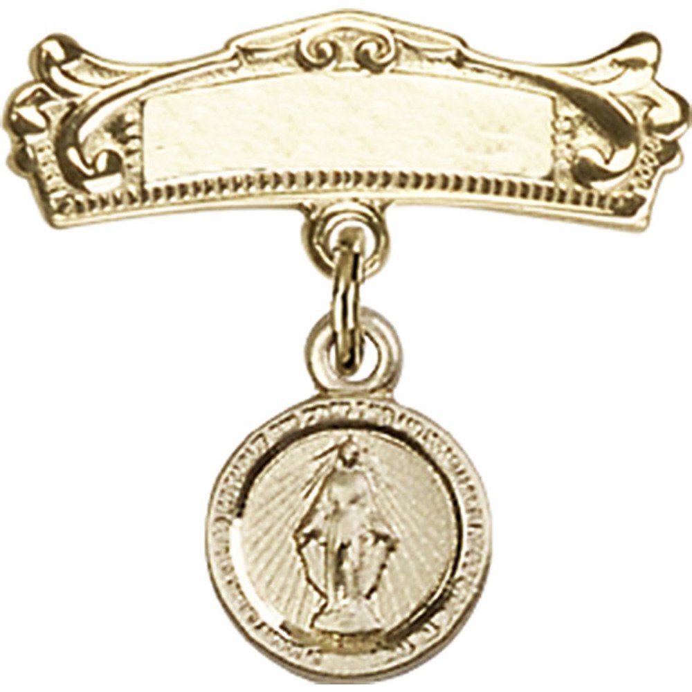 3/4 Inch Gold Filled Baby Badge with Miraculous Charm - Arched Polished Pin for Christening, Baptism & First Communion Gifts