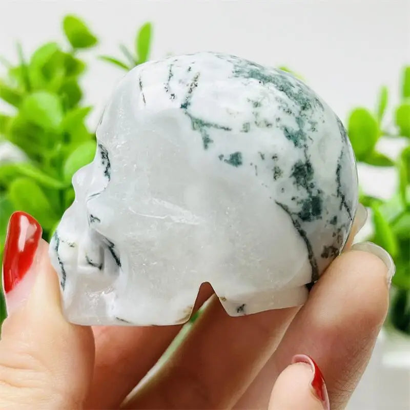 4.9CM Natural Moss Agate Skull Carving Sculpture - Healing Crystal Gemstone for Home Decor, Meditation & Spiritual Healing - Unique Handcrafted Ornament for Office Desk, Altar Display or Gift Giving