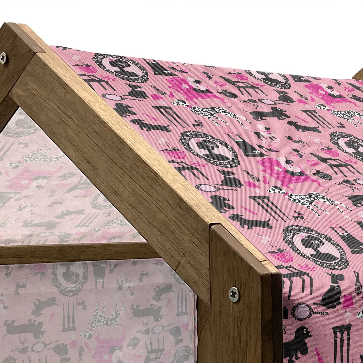 Lunarable Feminine Wooden Dog House - Girly Glamour Pattern Pet Furniture with Portrait & Dogs, Portable Indoor/Outdoor Dog Kennel with Pillow & Cover, X-Large Pastel Pink - Perfect for Small to Medium Dogs in Backyards, Patios or Living Rooms