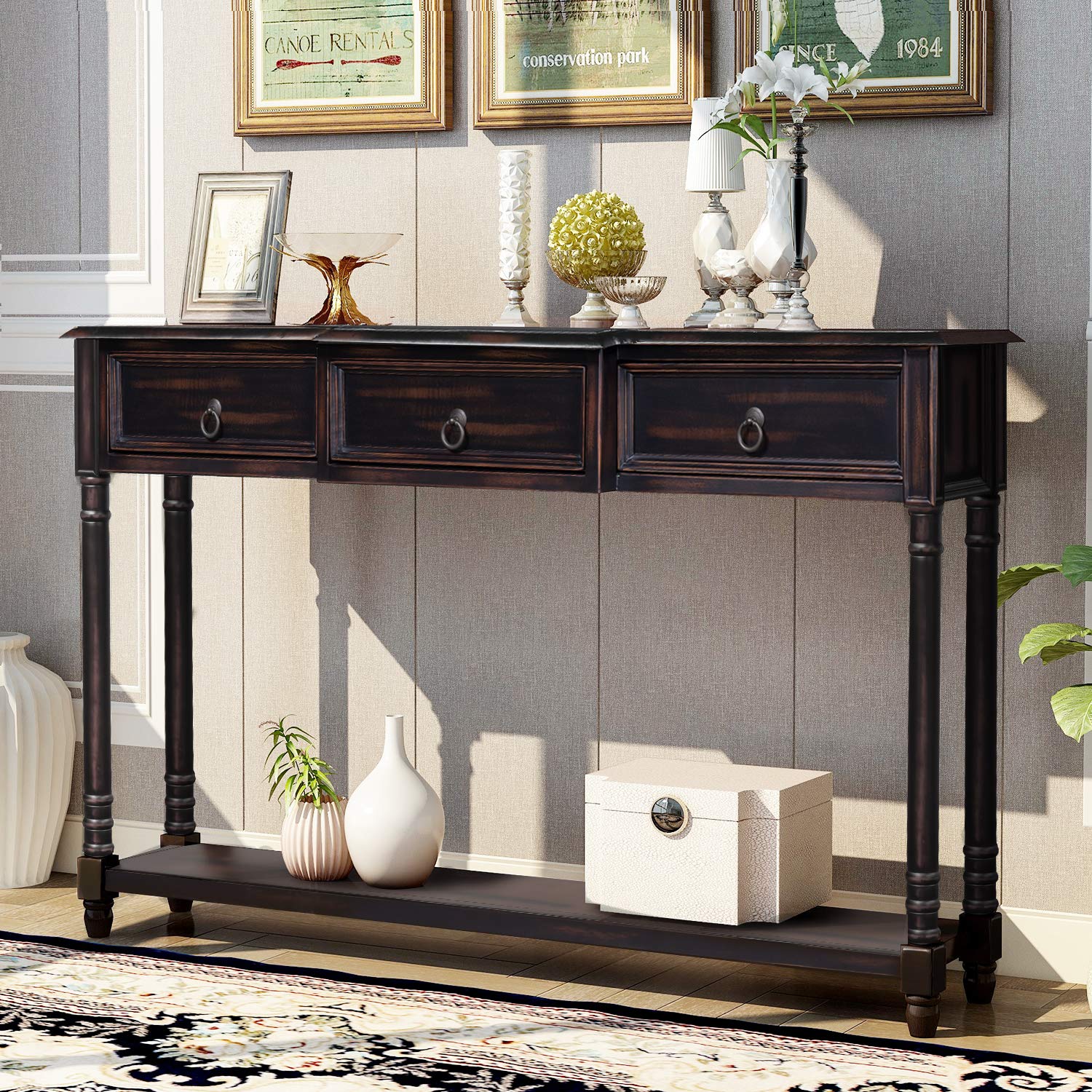 Farmhouse Console Table with Storage Drawers & Shelf - Rustic Entryway, Hallway Decor (Espresso) for Living & Dining Rooms