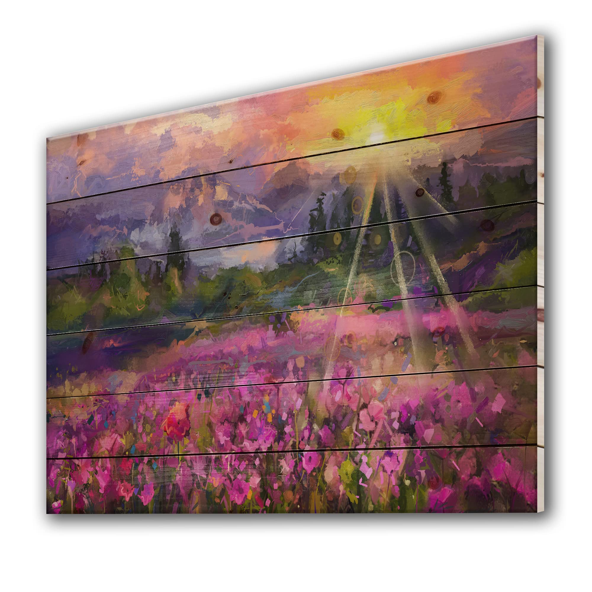 Purple Cosmos Flowers Mountainscape Farmhouse Wood Wall Decor - Large Landscape Pine Wood Art Panel for Living Room, Bedroom & Office