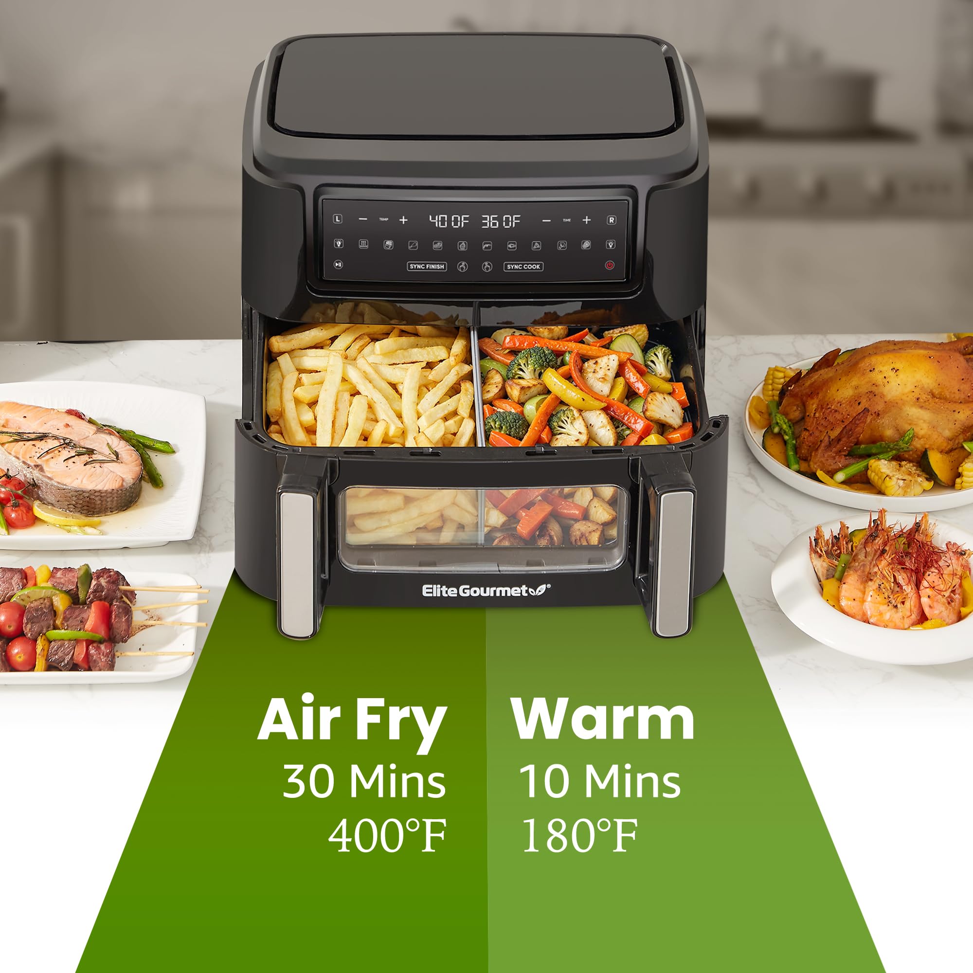 Elite Gourmet EAF1055D 11QT Dual Zone Air Fryer Oven - 2 Independent Cook Zones, Dishwasher Safe Basket, 10 Preset Functions, 1600W - Perfect for Family Meals, Healthy Cooking & Quick Snacks - Includes Recipe Booklet (Black)