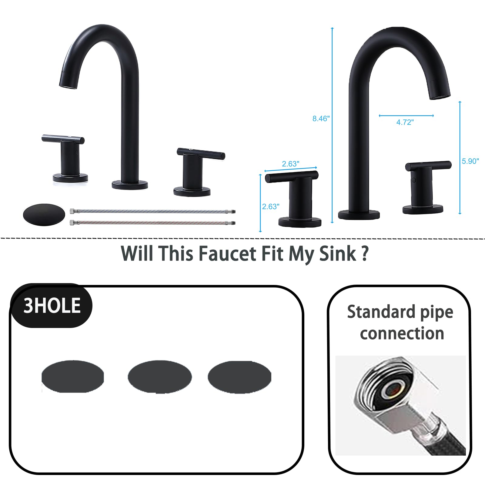 VAPSINT 8 Inch Widespread Matte Black Bathroom Faucet - 3 Hole Installation with Pop Up Drain & Water Supply Lines - 2 Handle Black Vanity Faucet for Bathroom Sink - Perfect for Modern Home, Hotel, and Commercial Use