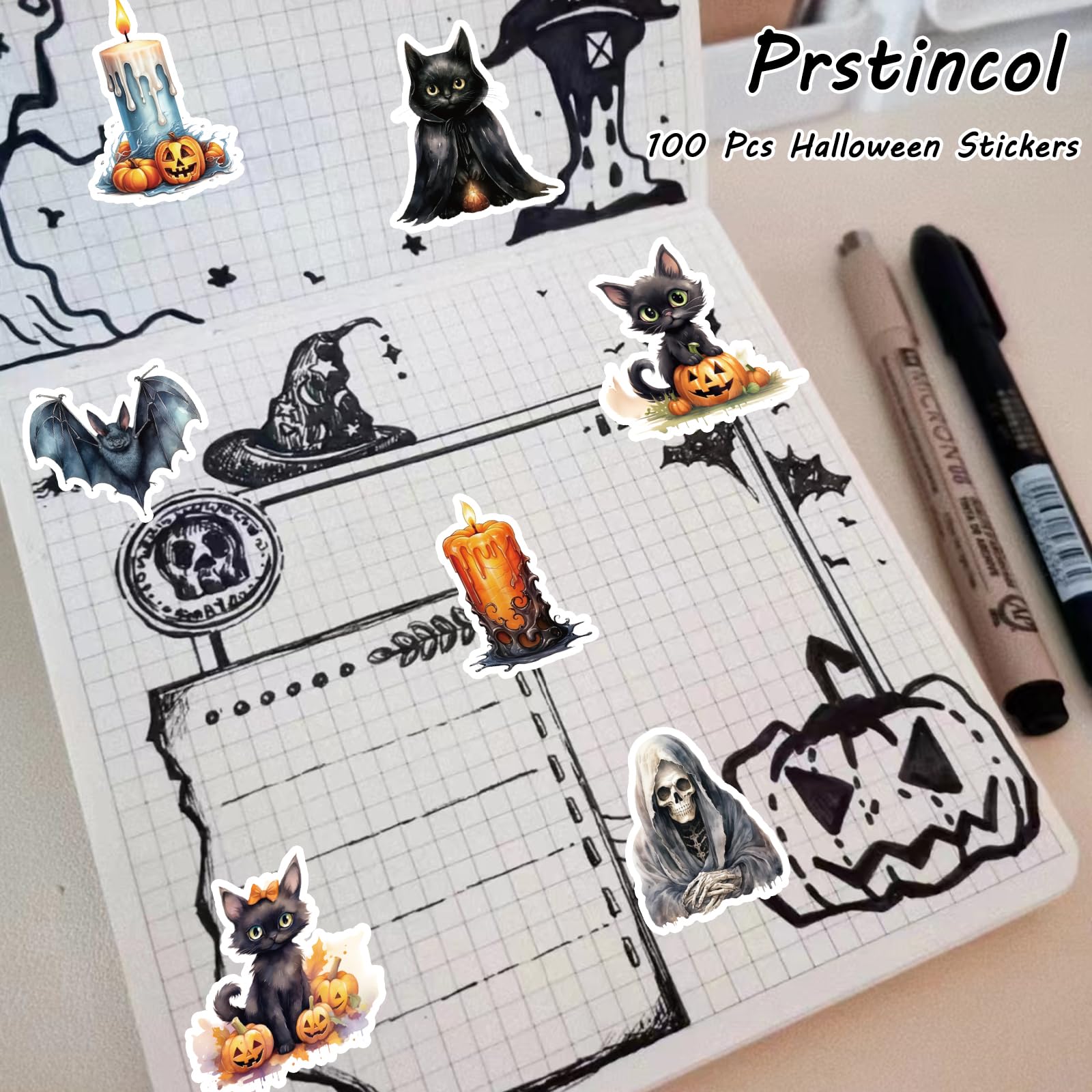 100 Pcs Halloween Stickers for Kids - Black Cat, Witch & Pumpkin Vinyl Stickers for Scrapbooking, Junk Journals, Collages - Waterproof Decals for Laptop, Water Bottles, Windows - Perfect for Halloween Party Favors & DIY Crafts