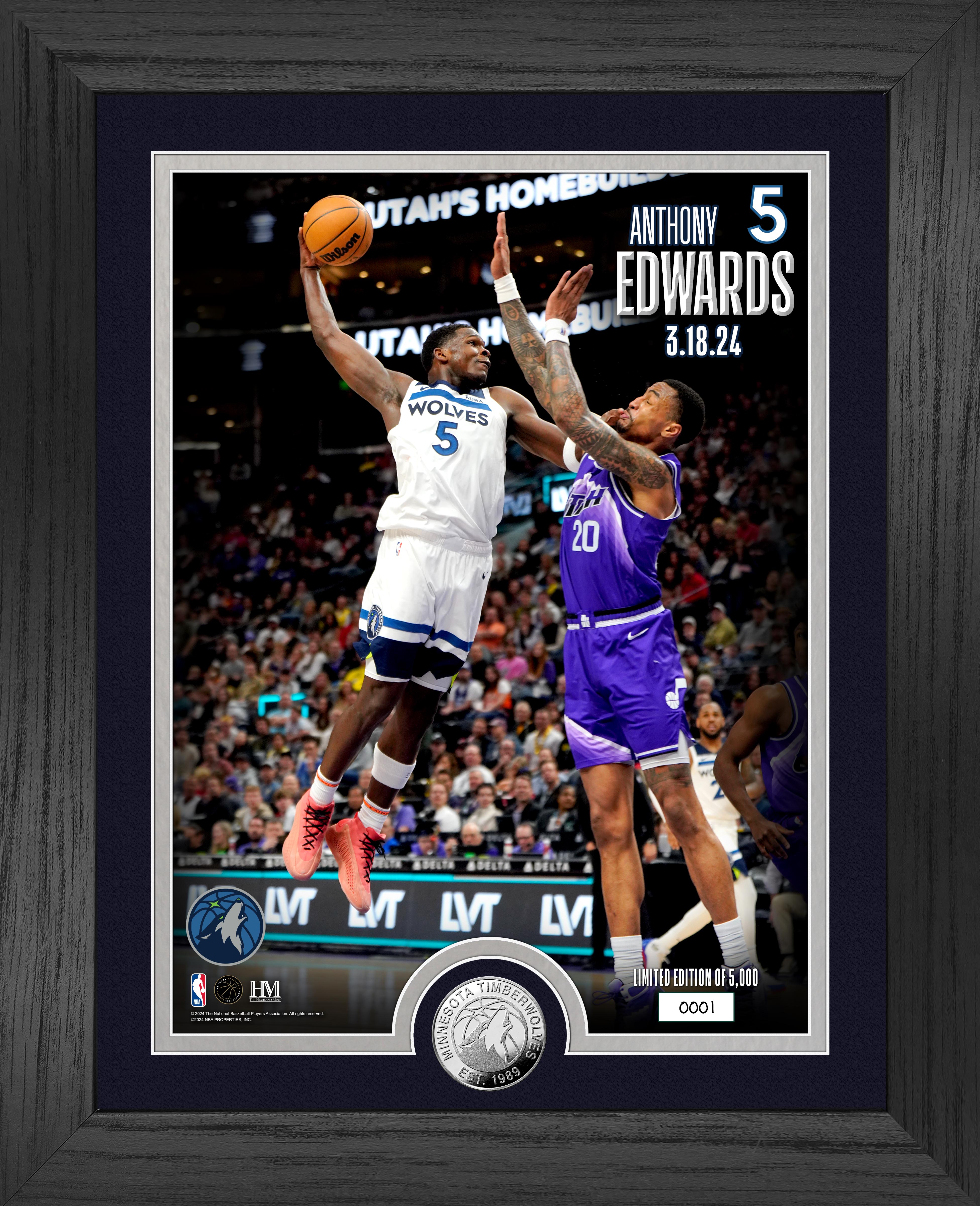 Anthony Edwards Dunk Poster - Premium Silver Coin Photo Mint - Perfect for NBA Fans, Sports Memorabilia Collectors & Home Decor