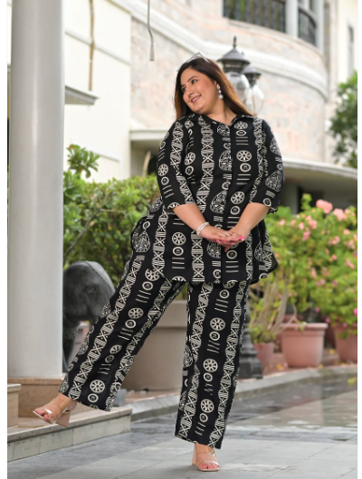 Stylish Black & White Printed Cotton Kurti & Trouser Set for Women - 2 Piece Outfit | UK Next Day Delivery | Perfect for Casual Wear, Festivals & Special Occasions