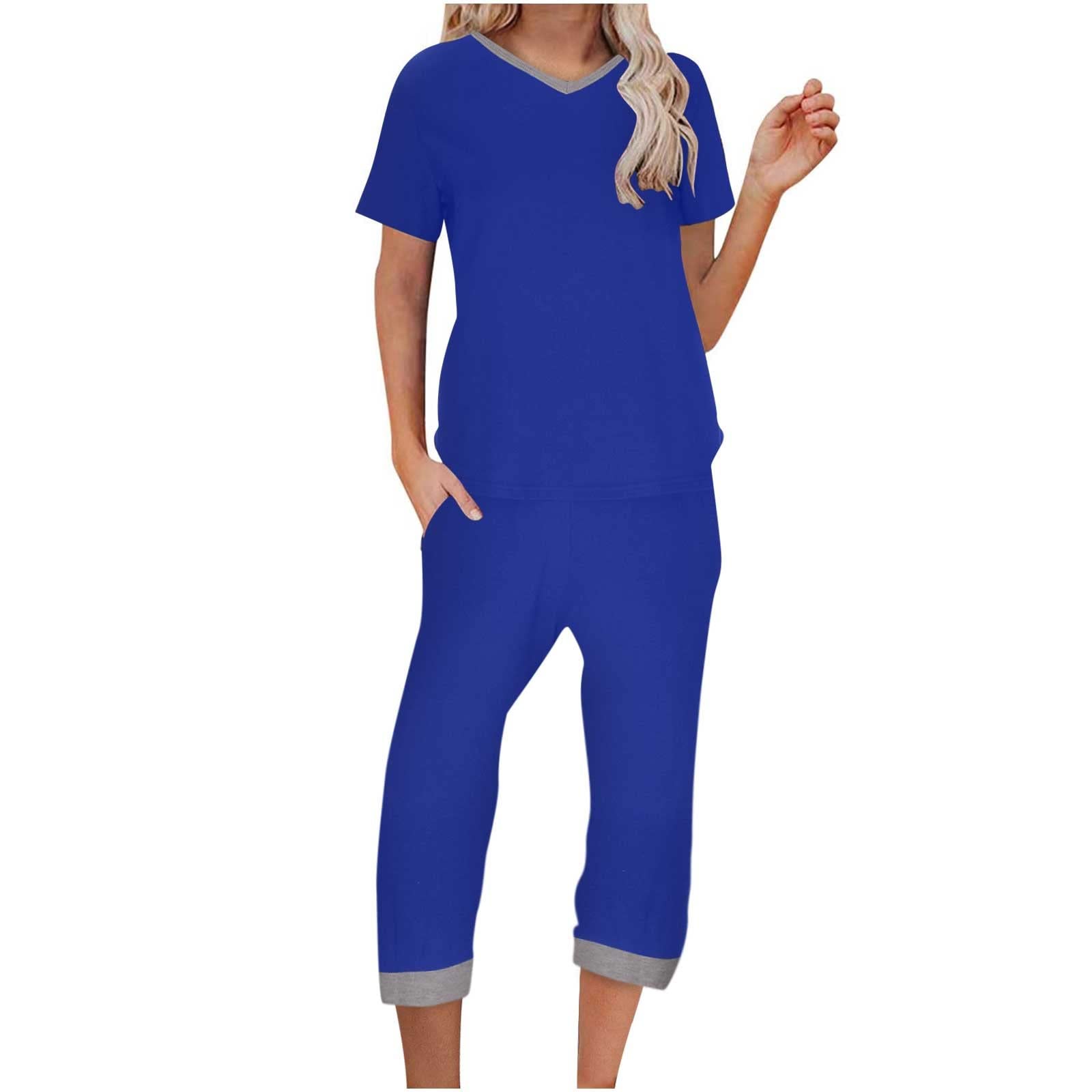 2 Piece Women's Casual Summer Outfit Set - Short Sleeve V-Neck Shirt & Capri Pants with Pockets | Lounge Wear, Vacation Outfit, Beach Day Comfort