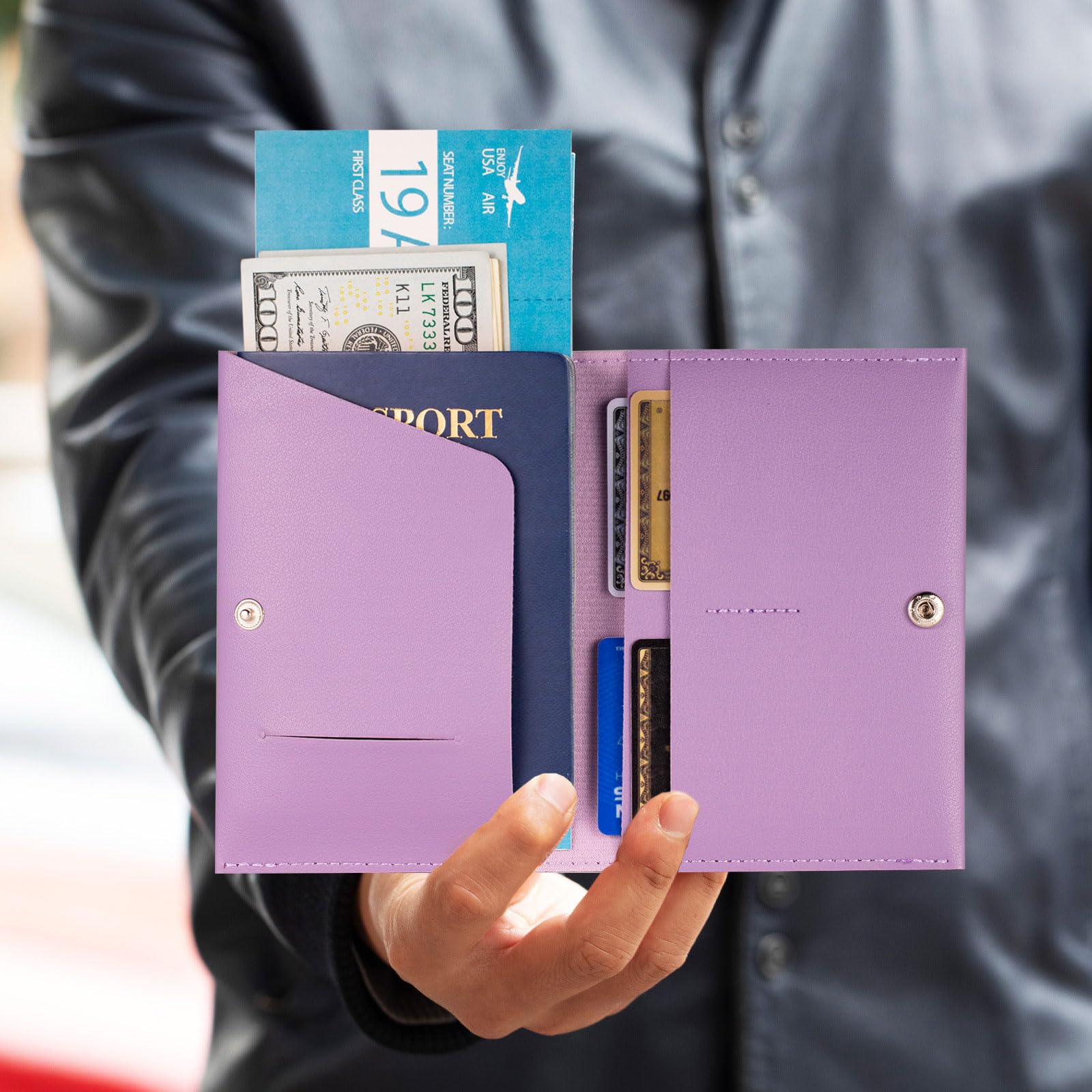 Premium RFID Blocking Passport Holder for Women & Men - Leather Travel Wallet Cover with Multiple Pockets for ID, Cards & Cash - Ideal for Family Vacations, Business Trips & International Travel (Pink & Purple)