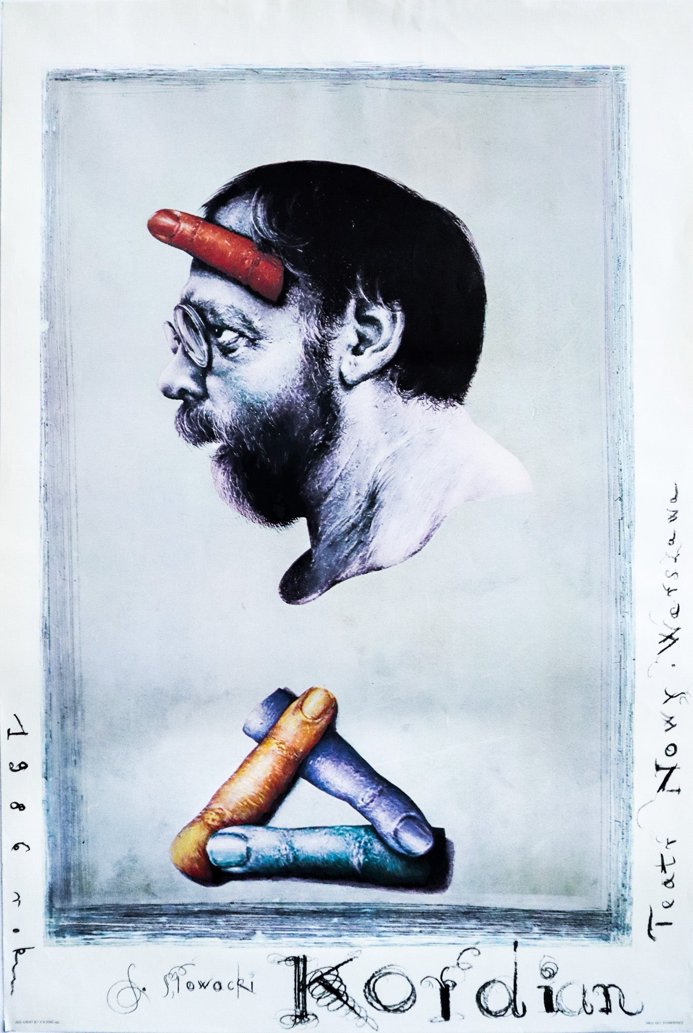 1986 Polish Theatre Poster - Kordian by Get Stankiewicz (Man with Fingers) - Vintage Collectible Art for Home Decor & Theatre Lovers