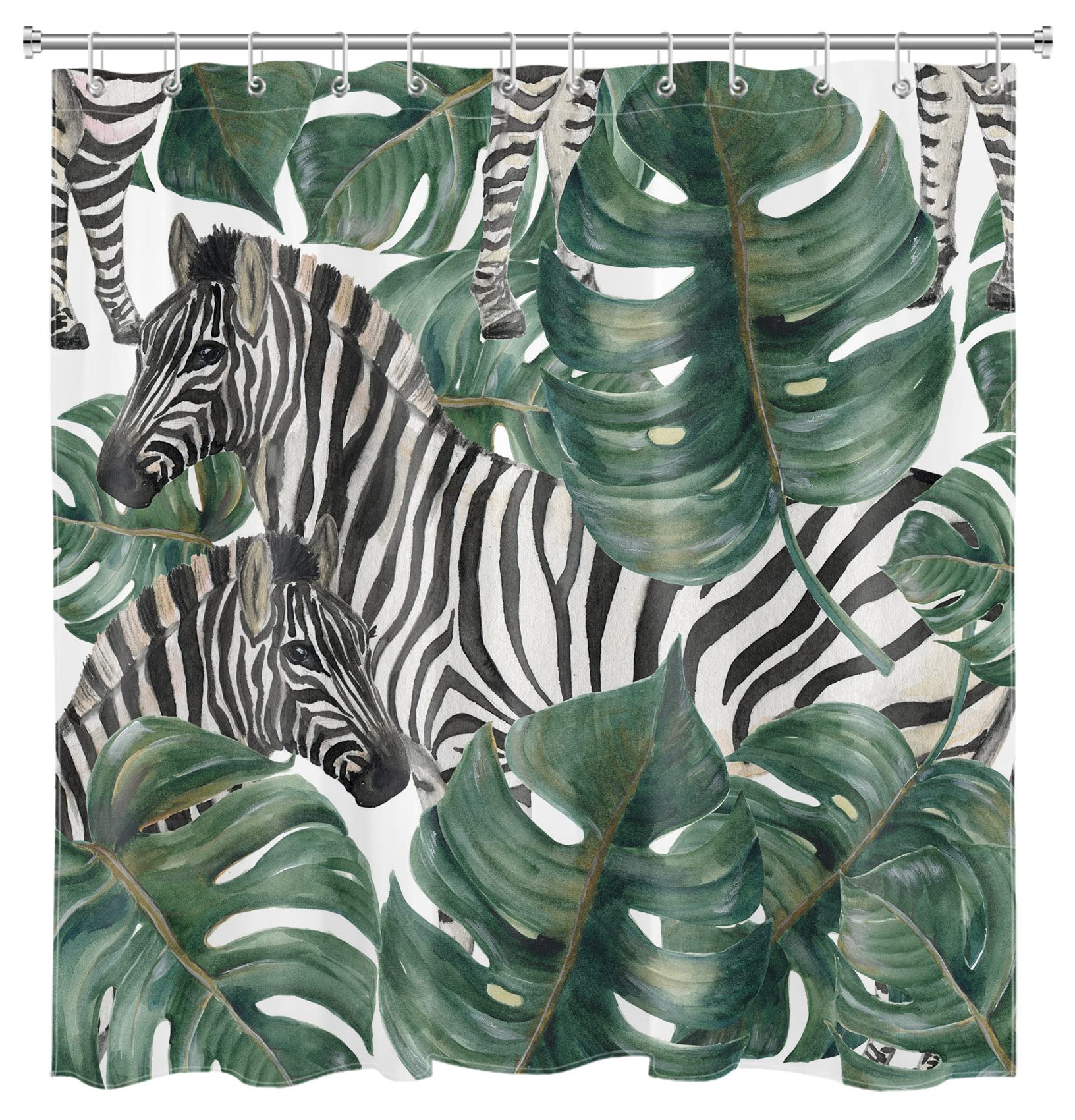 Tropical Zebra & Monstera Watercolor Shower Curtain - Emerald Green Bathroom Decor, Waterproof Polyester Fabric with Hooks, 72x72 Inch - Perfect for Beach House, Boho Bathroom & Spa Retreat