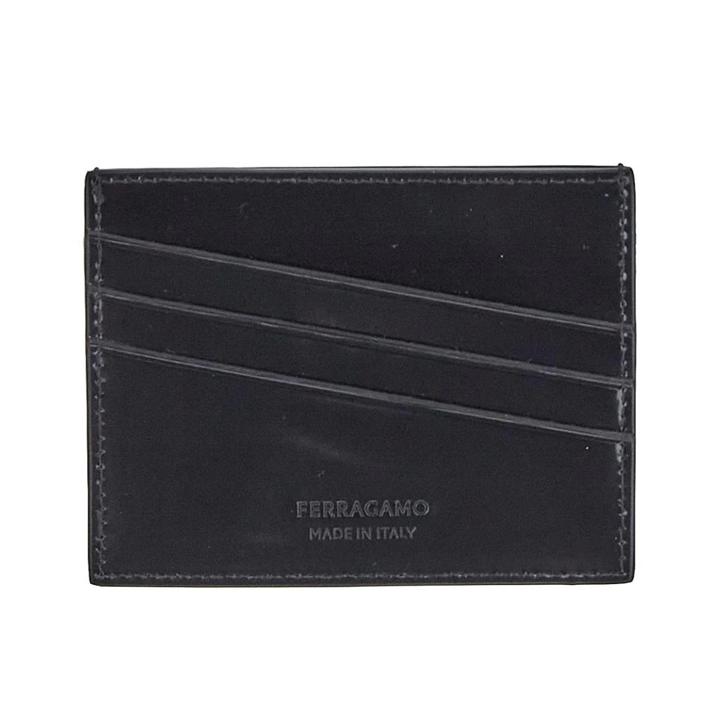 FERRAGAMO Men's Leather Card Holder Wallet - Slim RFID Blocking Black Card Case for Business & Travel