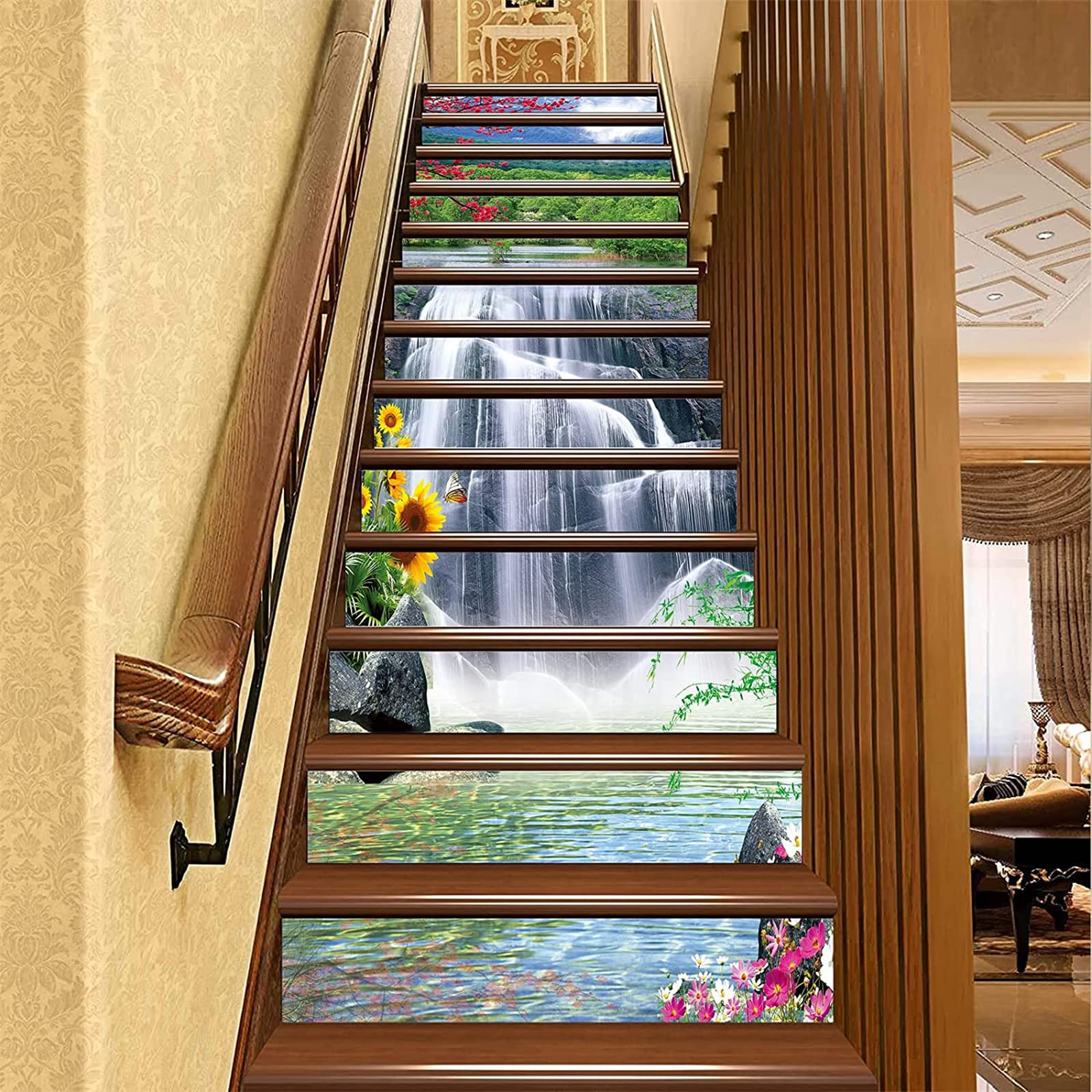 13-Piece 3D Waterfall Peel and Stick Stair Stickers - Self-Adhesive Stair Riser Decals - Non-Slip Home Decor (39.37